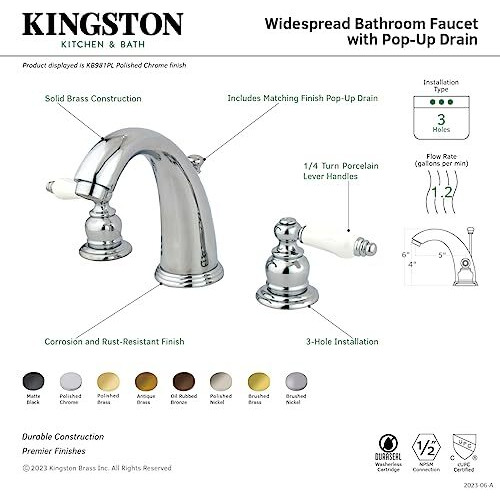 Kingston Brass Kb985Pl Victorian Widespread Lavatory Faucet, Porcelain Lever Handle, Oil Rubbed Bronze