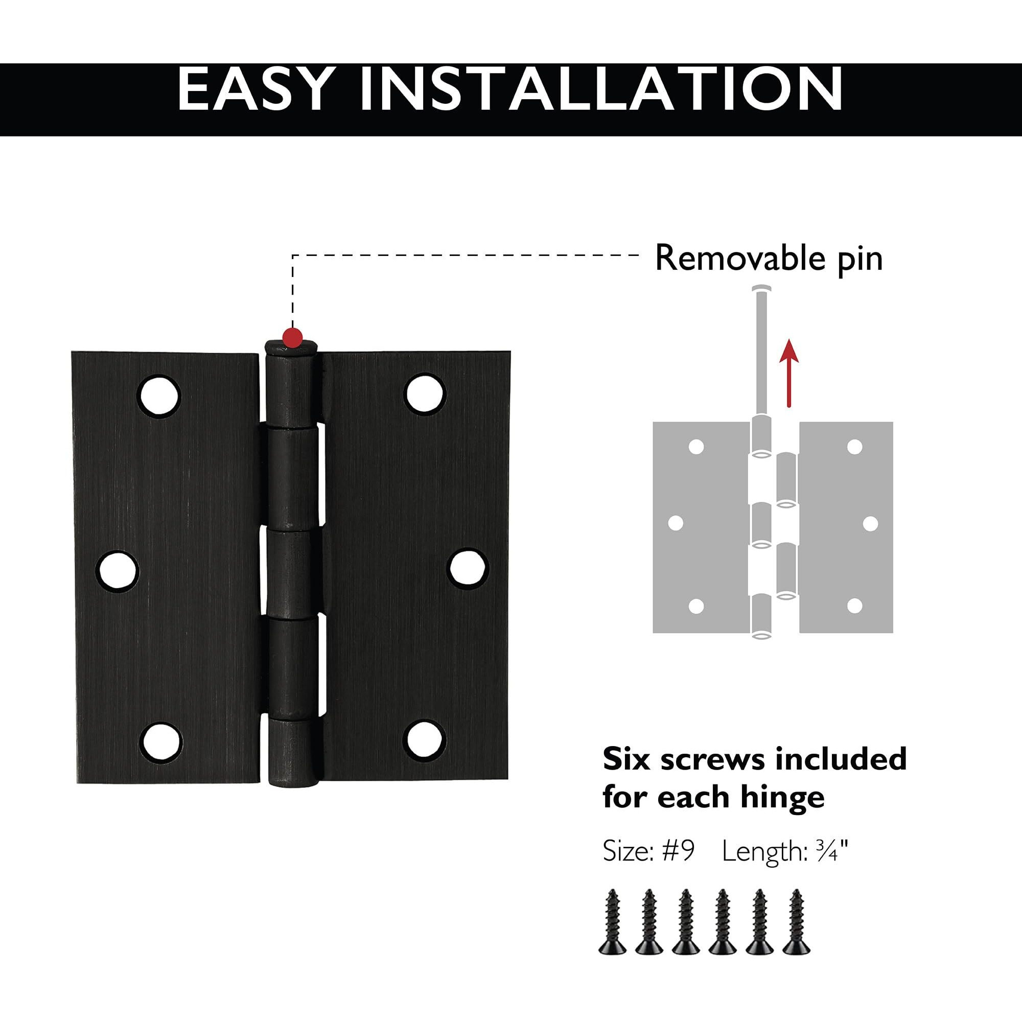 9-Pack Oil Rubbed Bronze Door Hinges - 3.5-Inch X 3.5-Inch - Square Corner Radius Steel Door Hinge - Fits Standard Doors - Design House 185967
