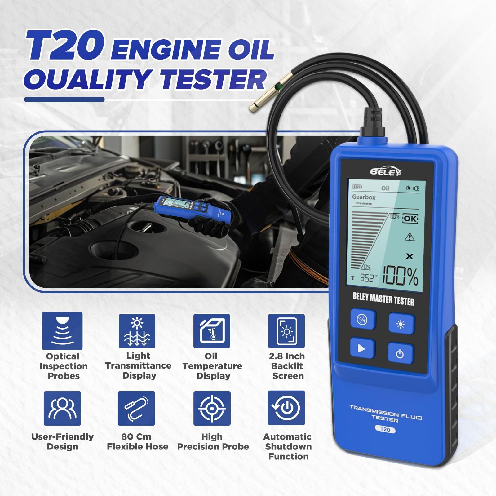 Transmission Fluid Tester Kit Gasoline & Diesel Gearbox Oil Diagnostic Tool High-Precision Diagnostic Analysis Tool With 31.5In Probe Transmittance/Temperature Testing, 2.8In Display (4 Batteries)