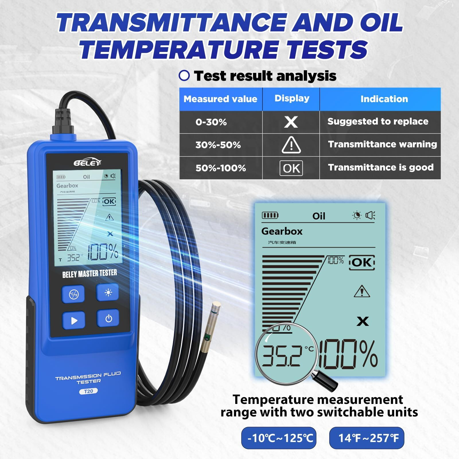 Transmission Fluid Tester Kit Gasoline & Diesel Gearbox Oil Diagnostic Tool High-Precision Diagnostic Analysis Tool With 31.5In Probe Transmittance/Temperature Testing, 2.8In Display (4 Batteries)