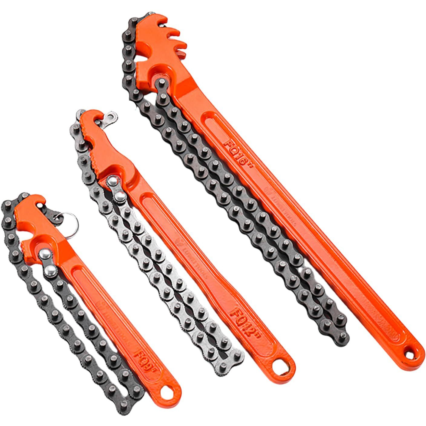 Uhfsyut Reversible Chain Wrench Set 9""/12""/16"" - Oil Filter & Pipe Tool, High Carbon Steel Adjustable Grip For Mechanics, Plumbers, 7.5"" Diameter Capacity (16In)