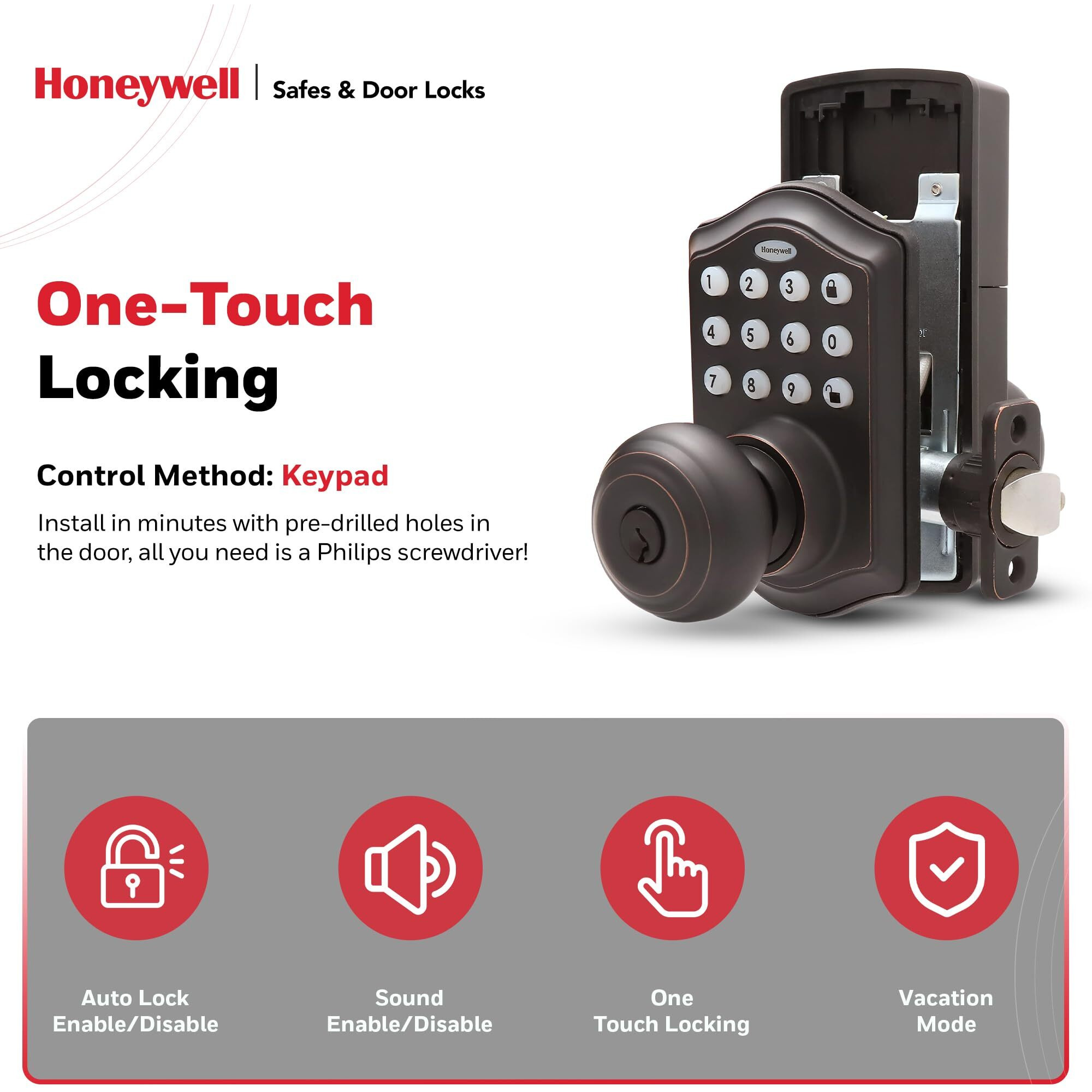 Honeywell Safes & Door Locks - Keyless Entry Smart Electronic Door Knob Lock With Digital Keypad - 50 Different User Pin Codes - Auto Lock & 1 Touch Locking - Oil Rubbed Bronze, 6.5X8.8X9 In - 8732401