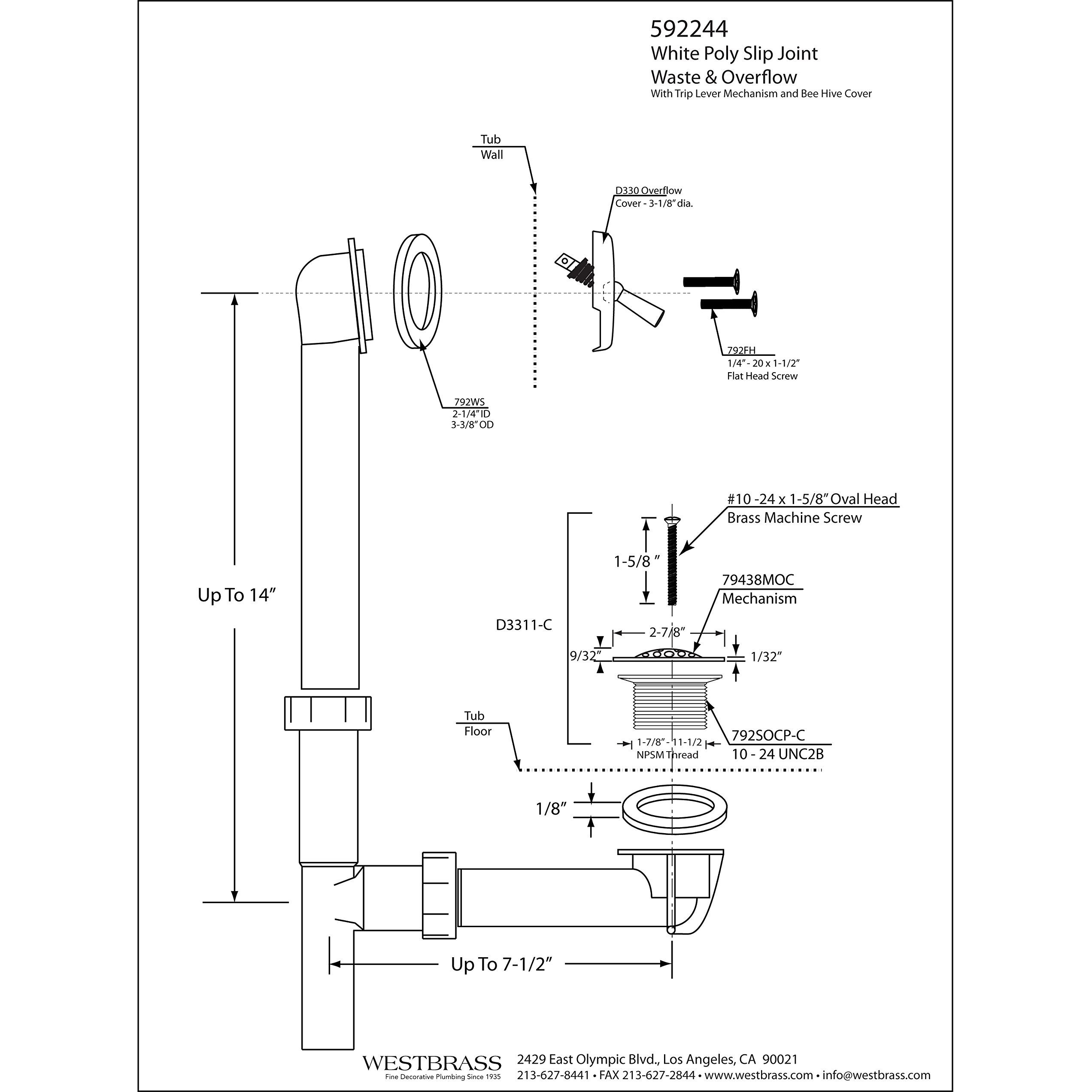 Westbrass 592244-12 14"" White Poly Tubular Bath Waste & Overflow Assembly With Trip Lever And Strainer Grid Drain Cover, Oil Rubbed Bronze