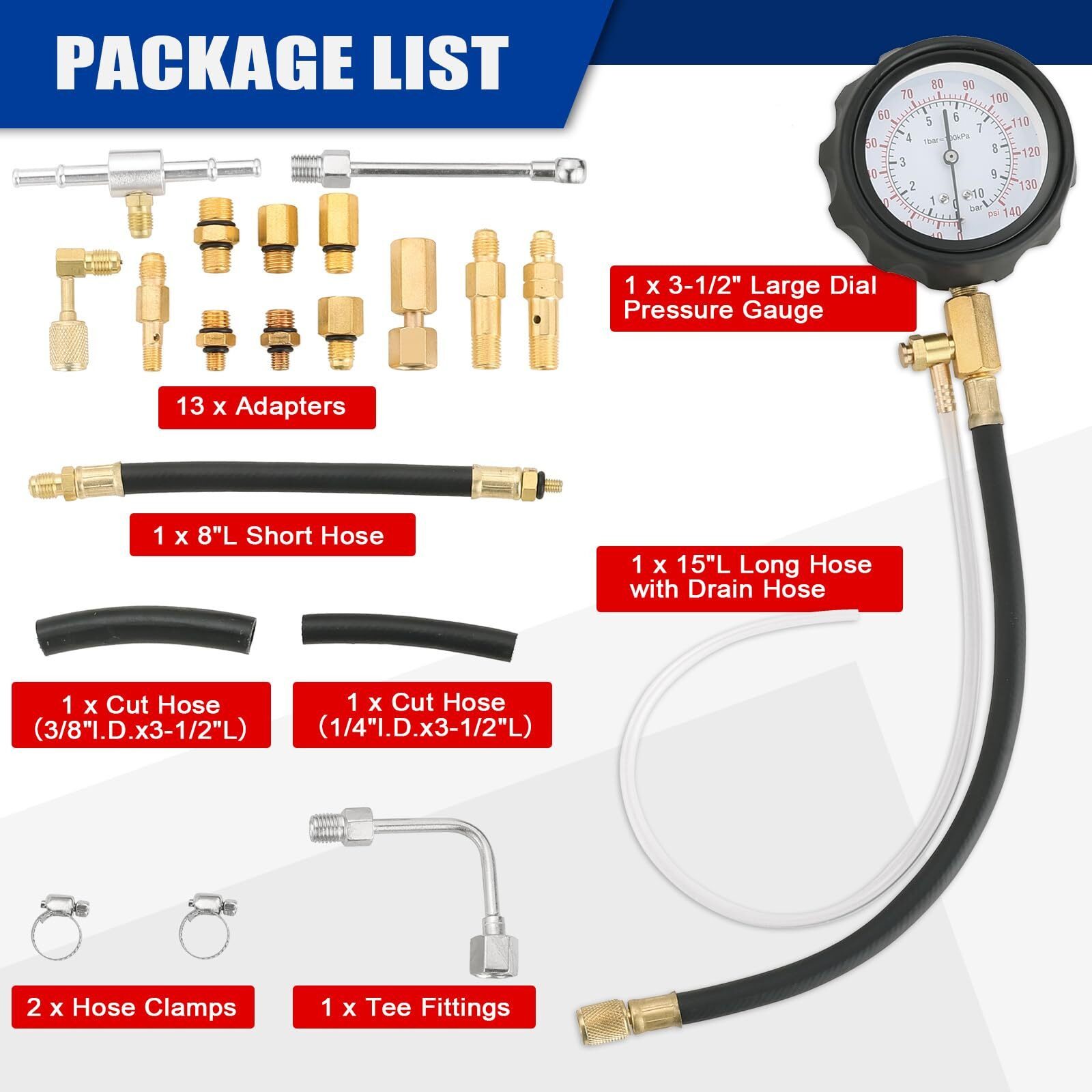 Nyxova Fuel Pressure Test Kit, Universal 0-140Psi Fuel Injection Pump Pressure Tester Kit, Updated Tu-114 Oil Pressure Tester Kit With Gauge Adapter For Auto Car Motorcycle (Red)