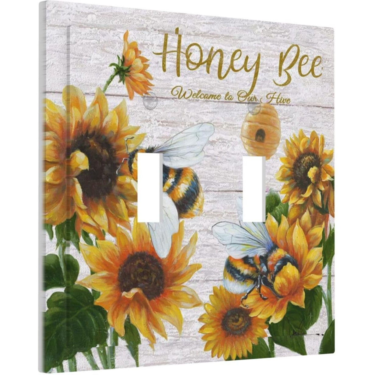 Rustic Wooden Sunflower Bee Oil Painting Double Toggle Wall Plate 2 Gang Light Switch Cover Decorative Electrical Switchplate Faceplate For Farmhouse Bedroom Living Room Bathroom Home Decora