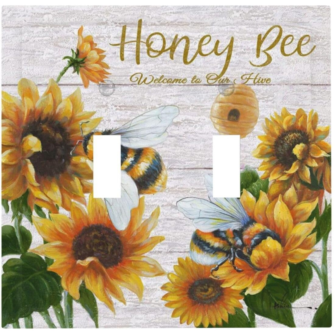 Rustic Wooden Sunflower Bee Oil Painting Double Toggle Wall Plate 2 Gang Light Switch Cover Decorative Electrical Switchplate Faceplate For Farmhouse Bedroom Living Room Bathroom Home Decora