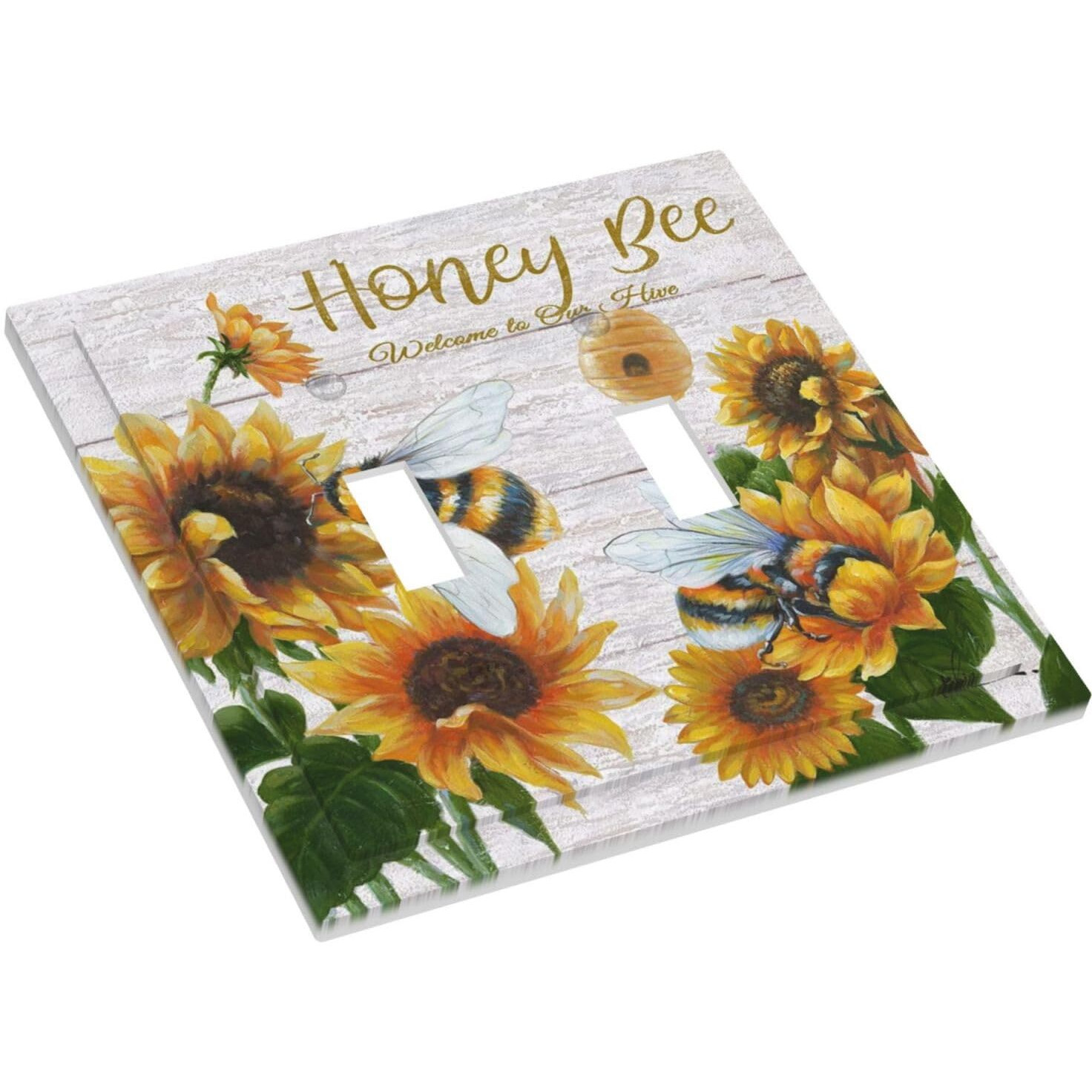 Rustic Wooden Sunflower Bee Oil Painting Double Toggle Wall Plate 2 Gang Light Switch Cover Decorative Electrical Switchplate Faceplate For Farmhouse Bedroom Living Room Bathroom Home Decora