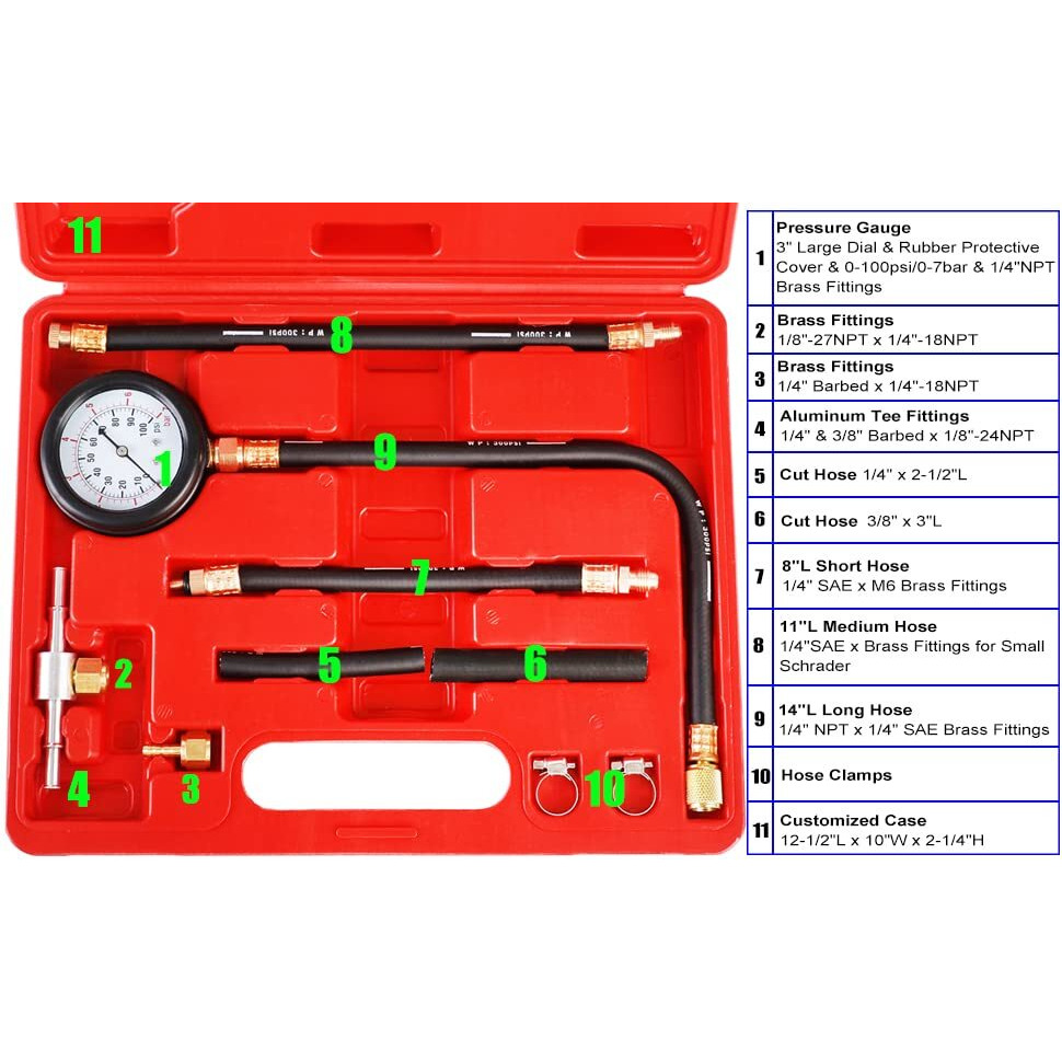 Jifetor Fuel Injection Pump Pressure Tester Gauge Kit, Car Gasoline Gas Fuel Oil Injector Test Manometer Tool Set 0-100Psi, Universal For Auto Truck Suv Motorcycle Atv Rv