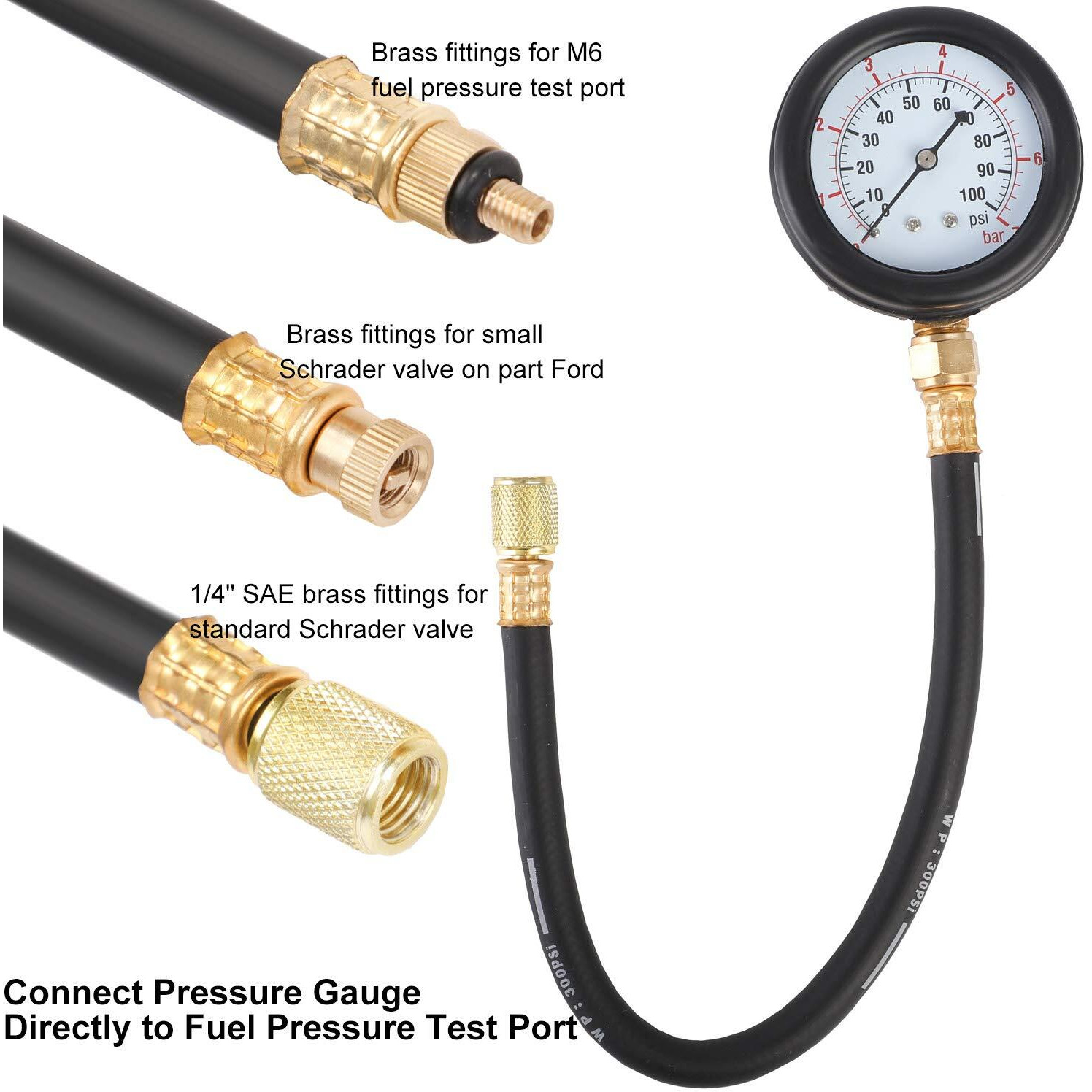 Jifetor Fuel Injection Pump Pressure Tester Gauge Kit, Car Gasoline Gas Fuel Oil Injector Test Manometer Tool Set 0-100Psi, Universal For Auto Truck Suv Motorcycle Atv Rv