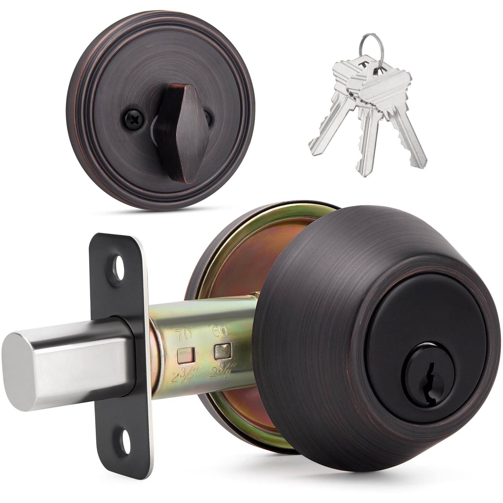 Loqron Round Design Single Cylinder Deadbolt With Keys, Exterior Keyed Dead Bolt Lock For Front Entrance Door Security, Oil Rubbed Bronze
