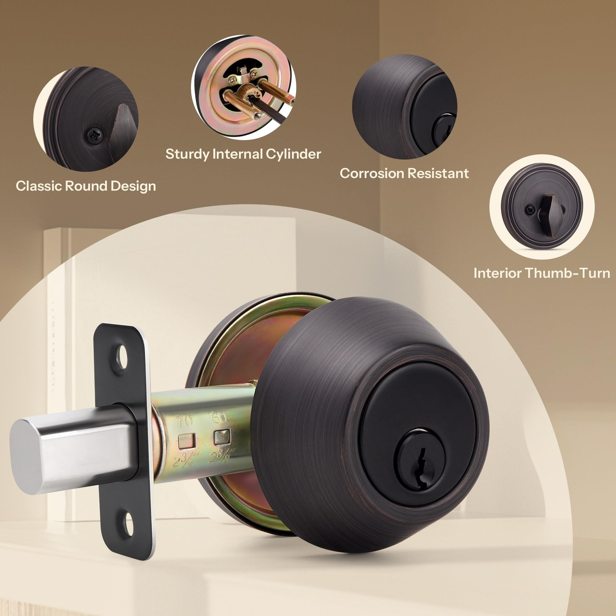 Loqron Round Design Single Cylinder Deadbolt With Keys, Exterior Keyed Dead Bolt Lock For Front Entrance Door Security, Oil Rubbed Bronze