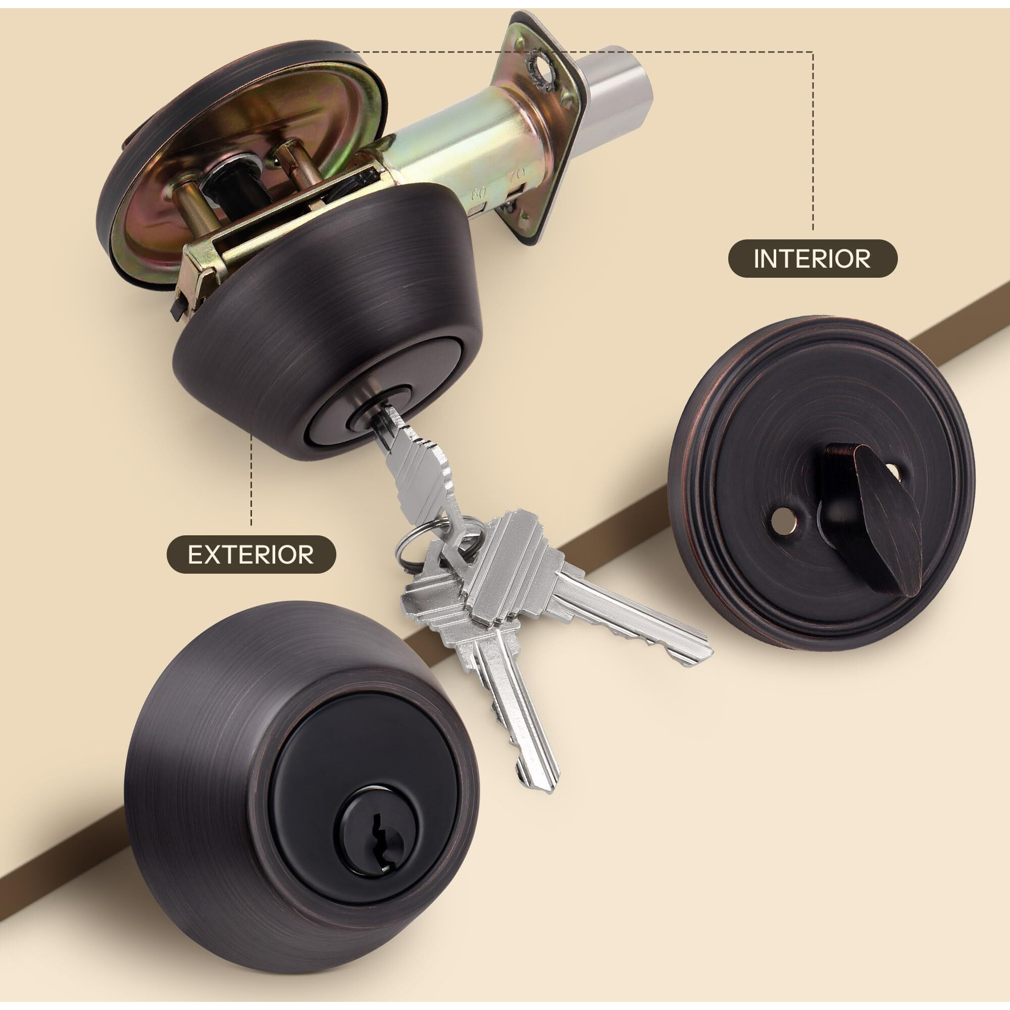 Loqron Round Design Single Cylinder Deadbolt With Keys, Exterior Keyed Dead Bolt Lock For Front Entrance Door Security, Oil Rubbed Bronze