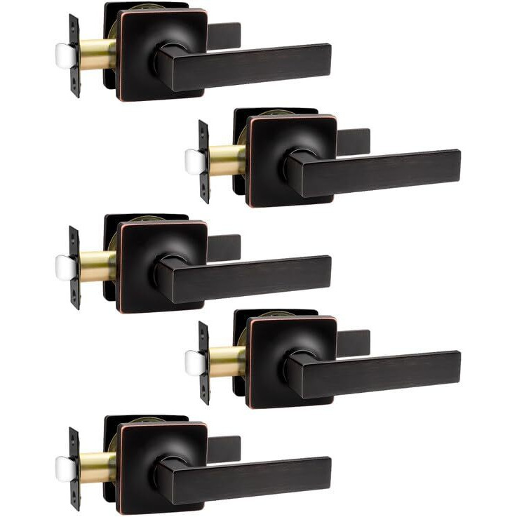 Mengico 5 Pack Interior Passage Door Lever,Oil Rubbed Bronze Left Or Right Handing For Closet And Hallway Doors,Square Heavy Duty Door Handle Set
