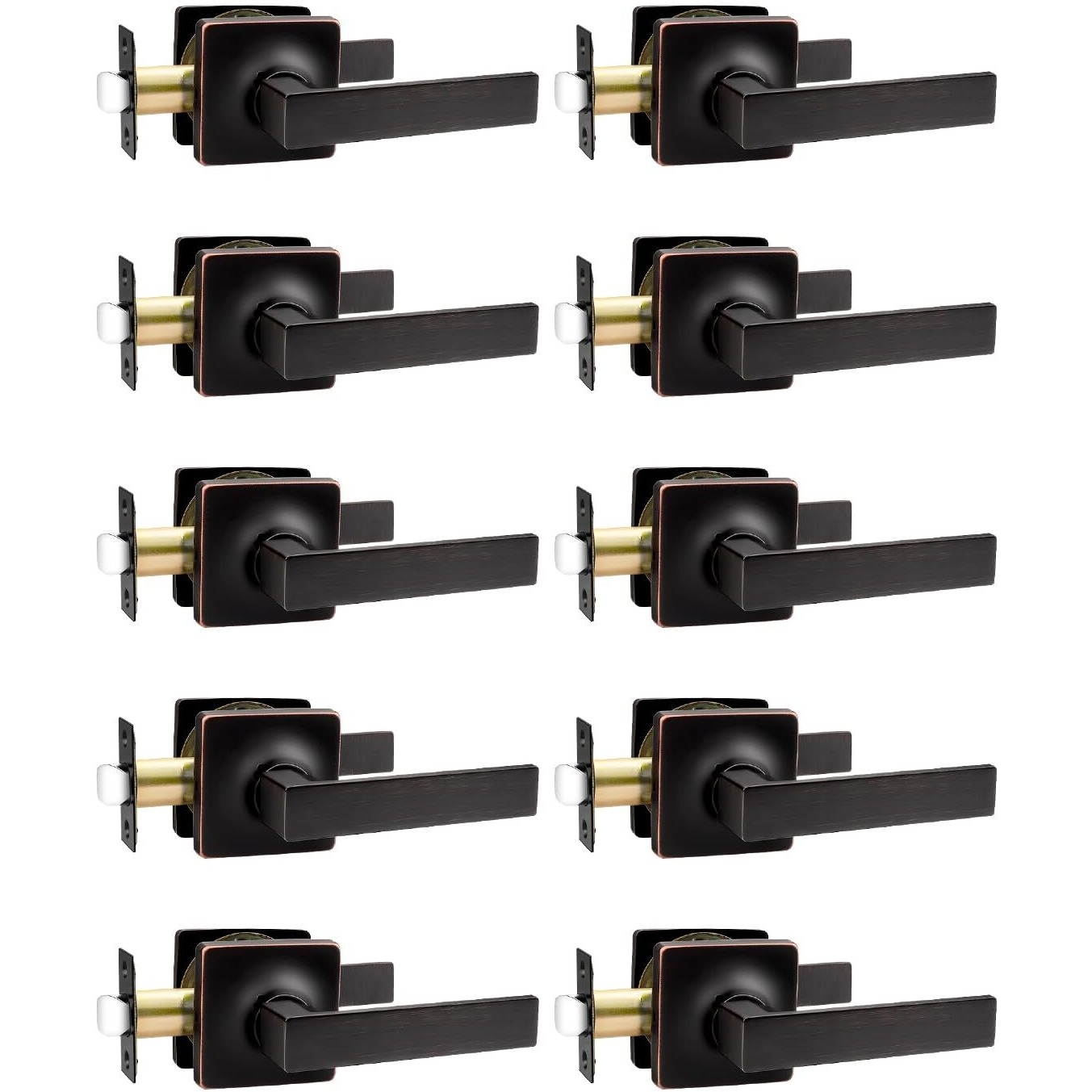 Mengico 10 Pack Interior Passage Door Lever, Oil Rubbed Bronze Left Or Right Handing For Closet And Hallway Doors,Square Heavy Duty Door Handle Set