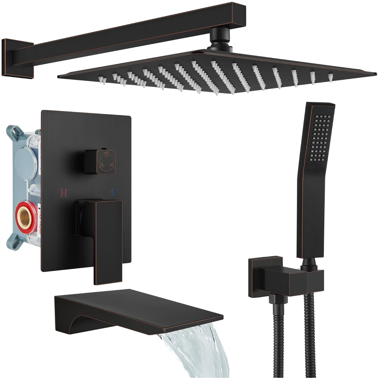 Gotonovo Shower System With Tub Spout,Waterfall Tub Shower Faucet Set For Bathroom Head And Handle Set Wall Mounted 3 Function Rough-In Valve And Trim Included 10 Inch Shower Head Oil Rubbed Bronze