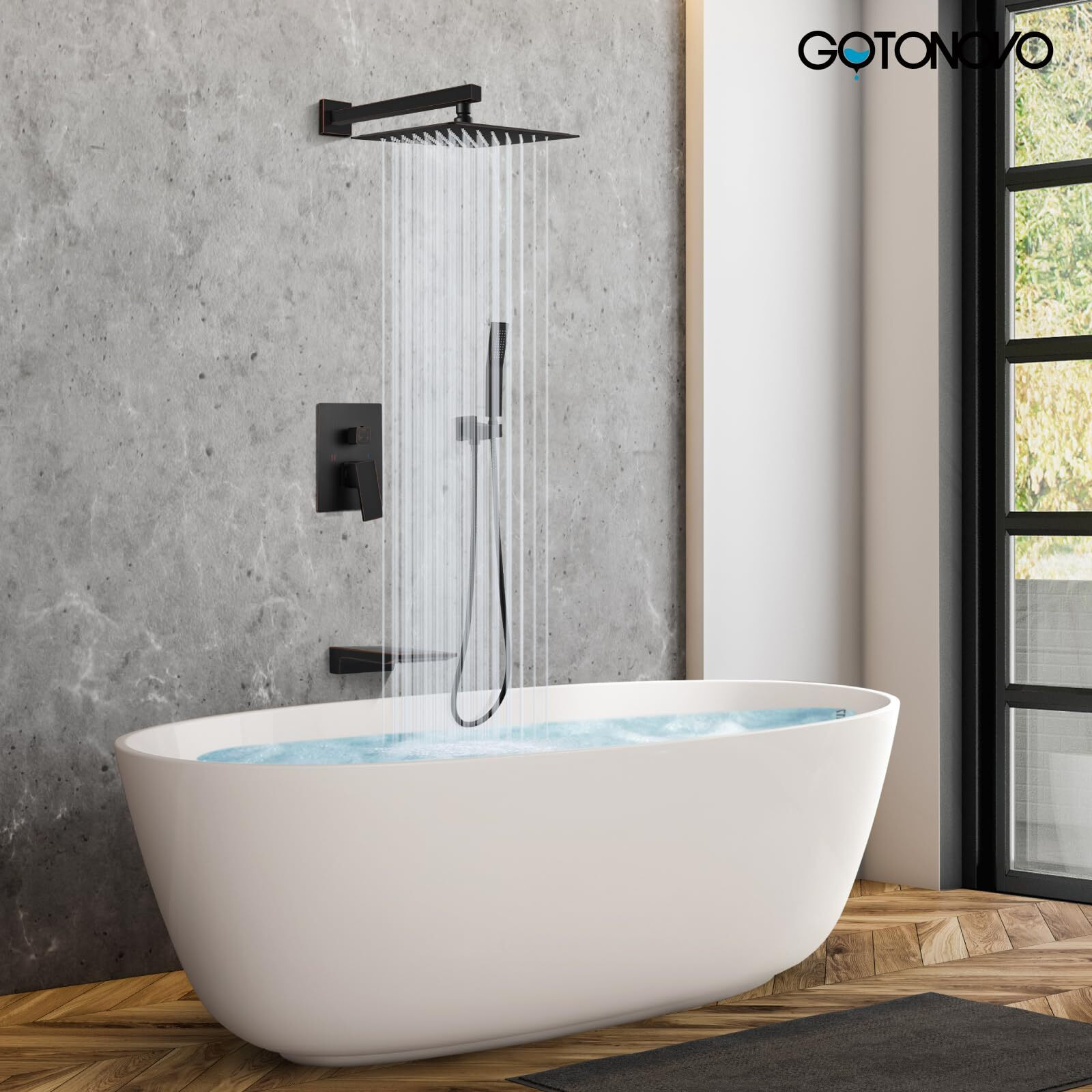 Gotonovo Shower System With Tub Spout,Waterfall Tub Shower Faucet Set For Bathroom Head And Handle Set Wall Mounted 3 Function Rough-In Valve And Trim Included 10 Inch Shower Head Oil Rubbed Bronze