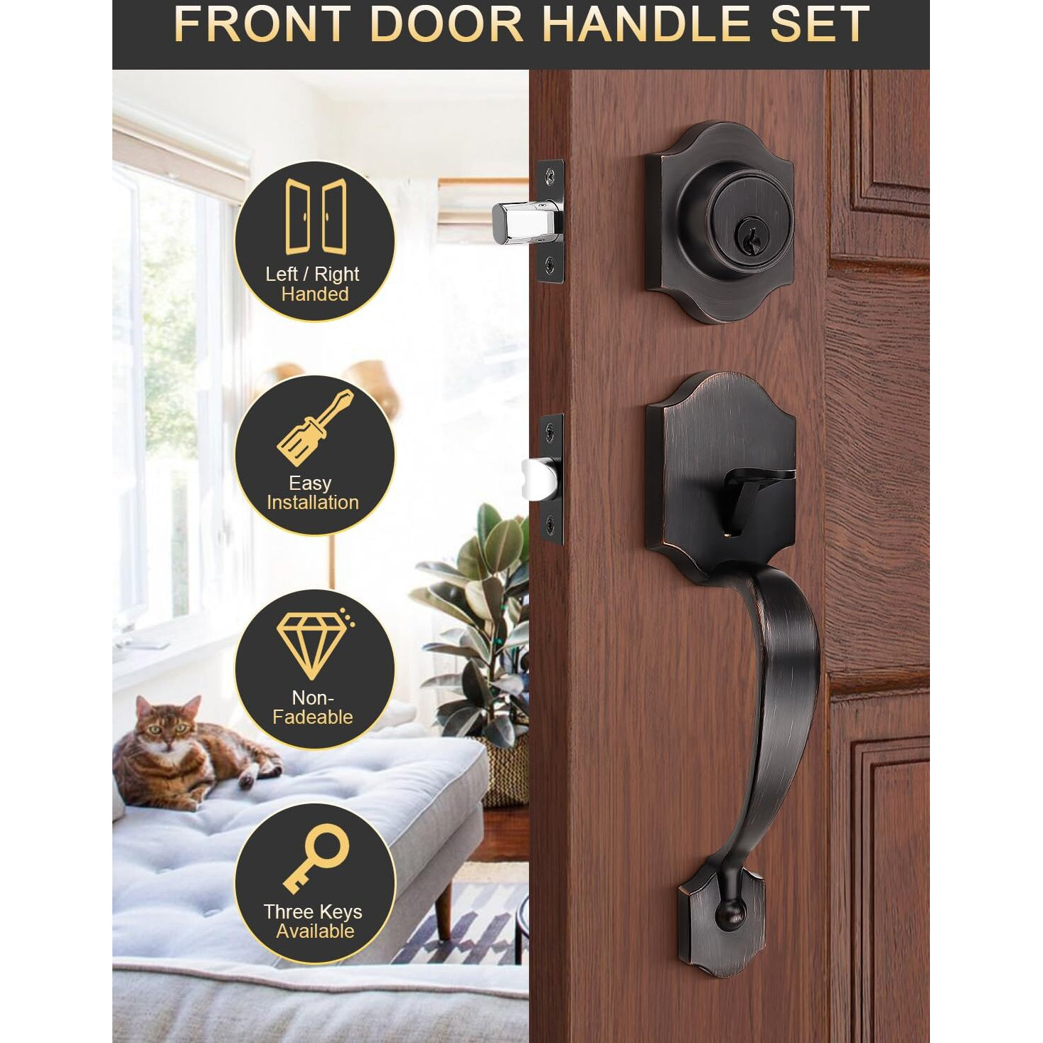 Tinewa Front Door Handle And Deadbolt Set, Oil Rubbed Bronze Front Door Lock Set With Reversible Handle Lever, Entry Door Locksets With Deadbolt Single Cylinder, Reversible Handlesets