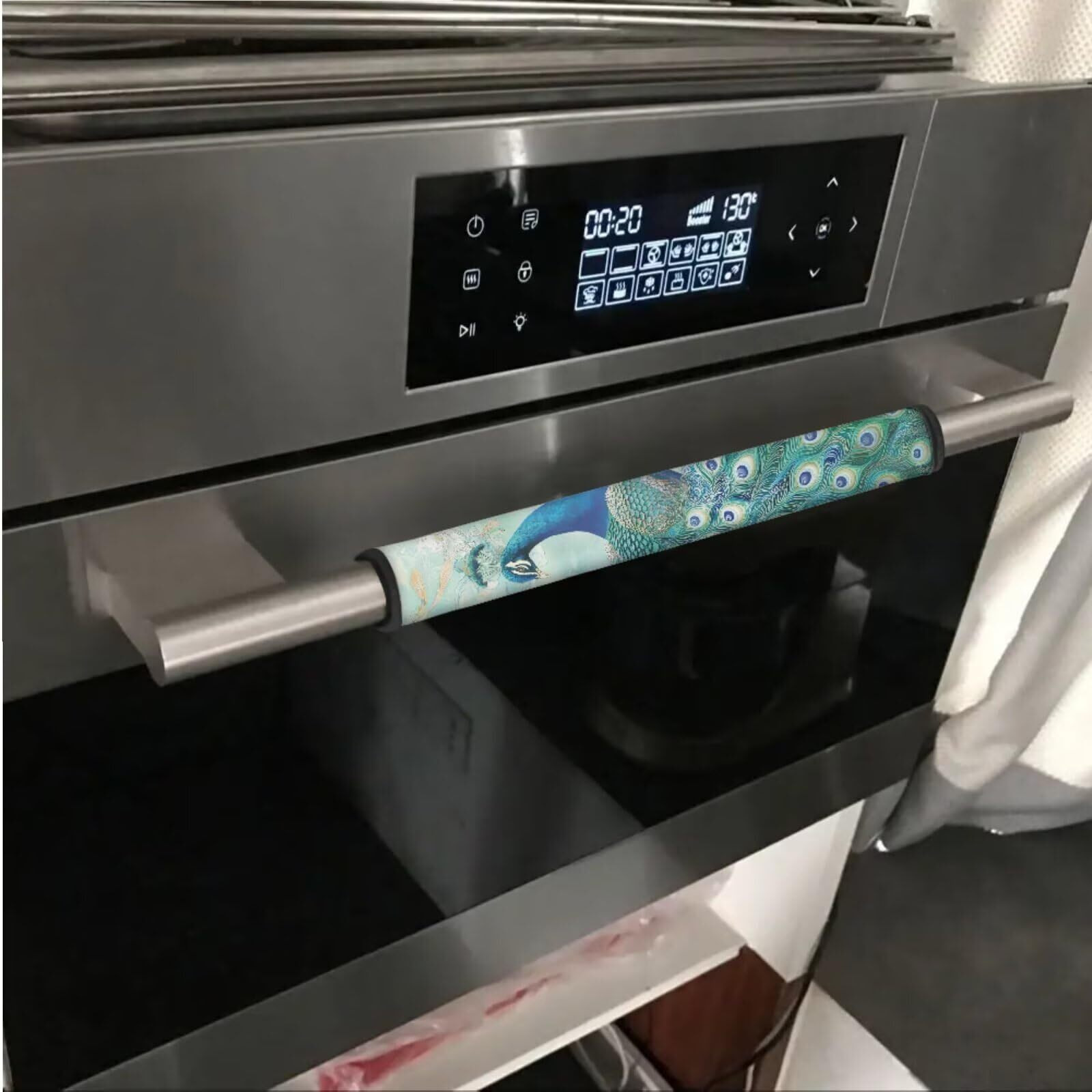 Garucesta Appliance Door Handle Covers Set Of 6 Refrigerator Handle Cover Anti-Skid Microwave Door Handle Protector Keep Off Oil Stains, Fingerprints, Peacock Flower Green Blue