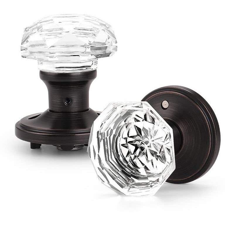 Orger 1 Pack Glass Door Knob With Oil Rubbed Bronze Rosette, Bath/Bed Door Knob For Privacy Use, Keyless Interior Door Handle With Diamond Shape Crystal Glass And Zinc Alloy Base