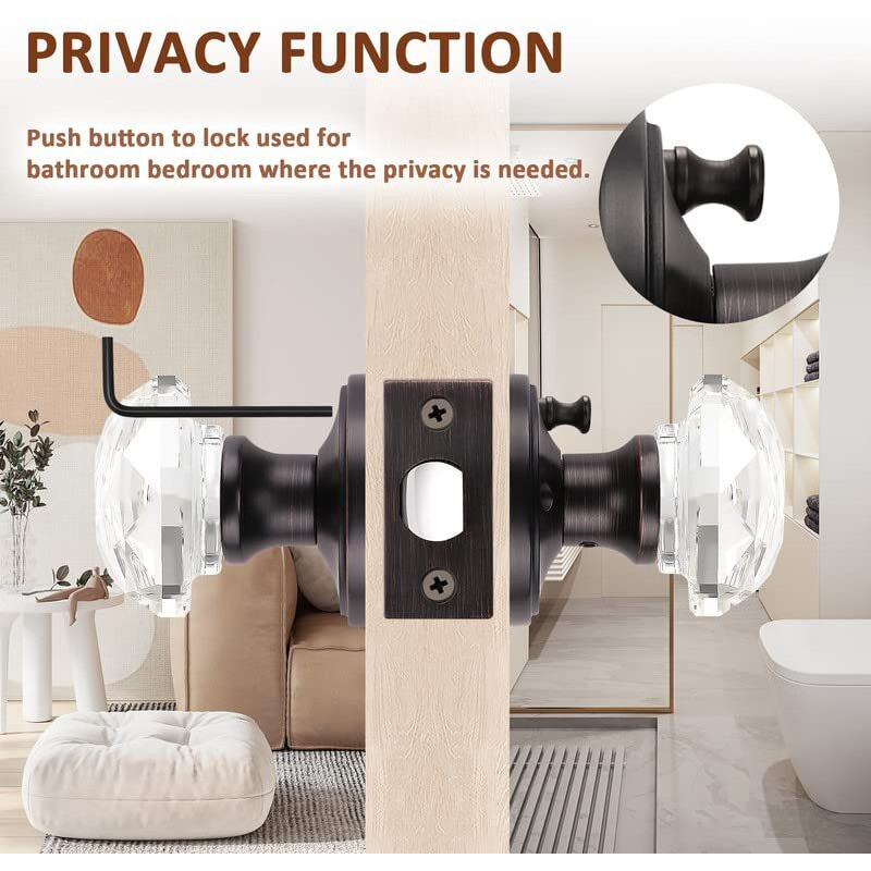 Orger 1 Pack Glass Door Knob With Oil Rubbed Bronze Rosette, Bath/Bed Door Knob For Privacy Use, Keyless Interior Door Handle With Diamond Shape Crystal Glass And Zinc Alloy Base