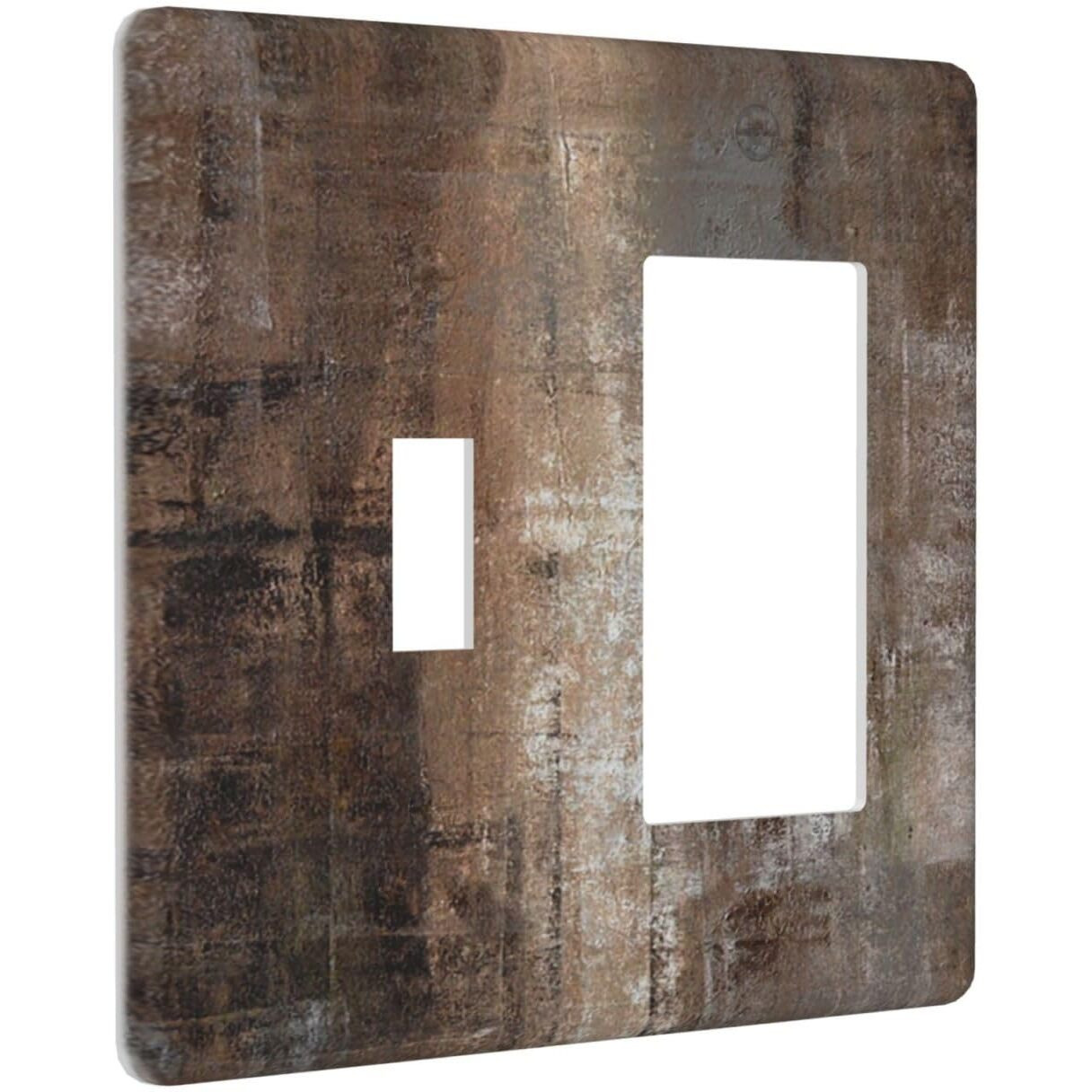 Brown Art Abstract 2 Gang Single Toggle/Rocker Combination Light Switch Cover Taupe Rust Oil Painting Decorative Wall Plate Electrical Faceplate For Home Living Room