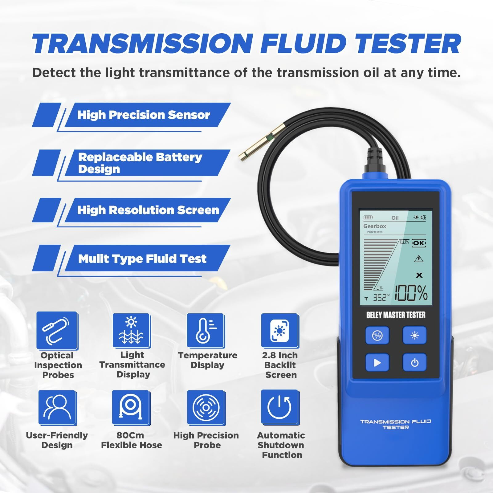 Playoccar Transmission Fluid Tester Automotive Digital Oil Quality Test Detector Gasoline & Diesel Gearbox Oil Diagnostic Tool With Temperature Sensor,31.5In Hose 2.8In Backlight Display