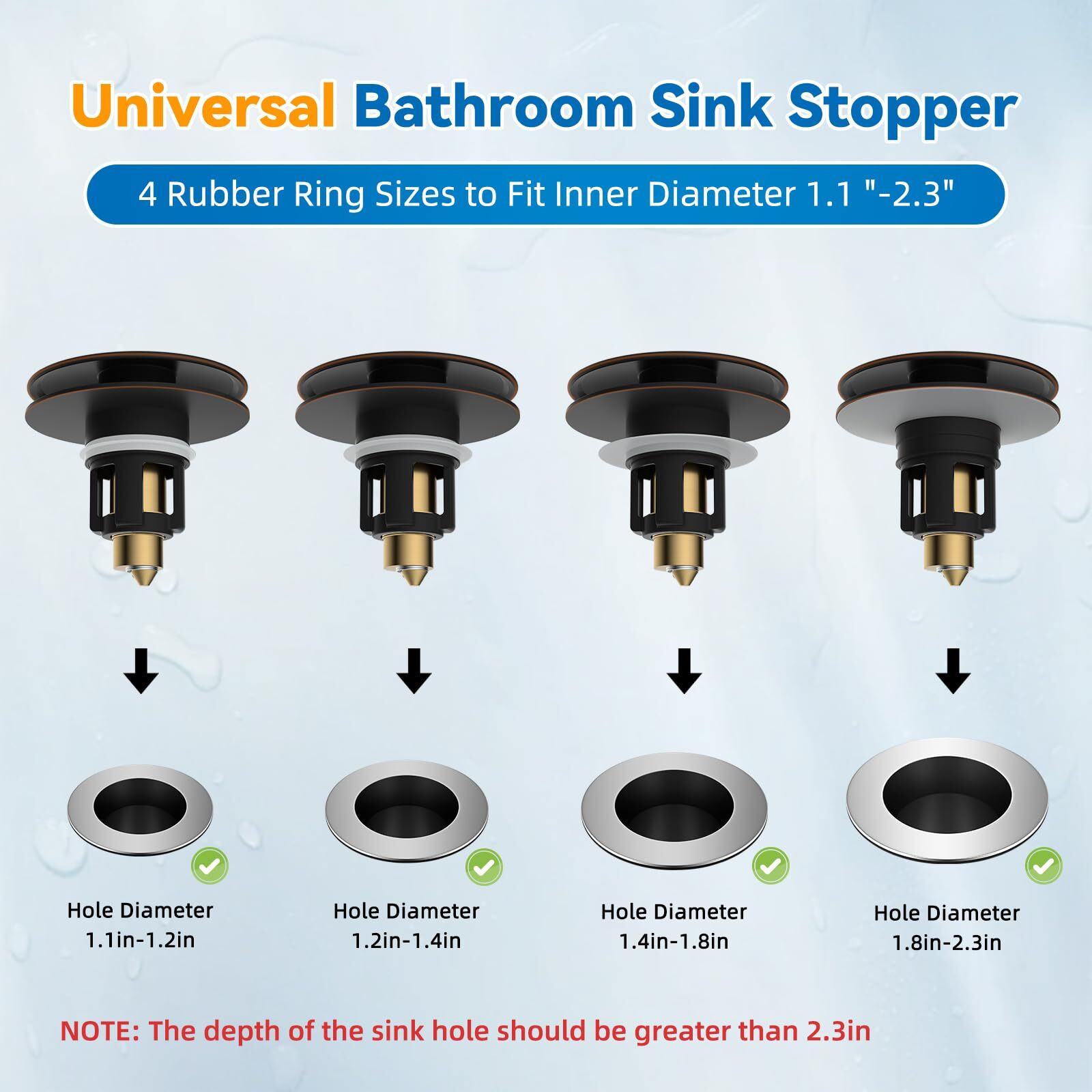Ifealclear 2 Pack Universal Bathroom Sink Stopper, Pop Up Sink Drain Strainer With Hair Catcher, Fit 1.1""-2.36"" Us Basin, Wash Basin Drain Plug With Big Cover Cap, Brass Bounce Core, Oil Rubbed Bronze