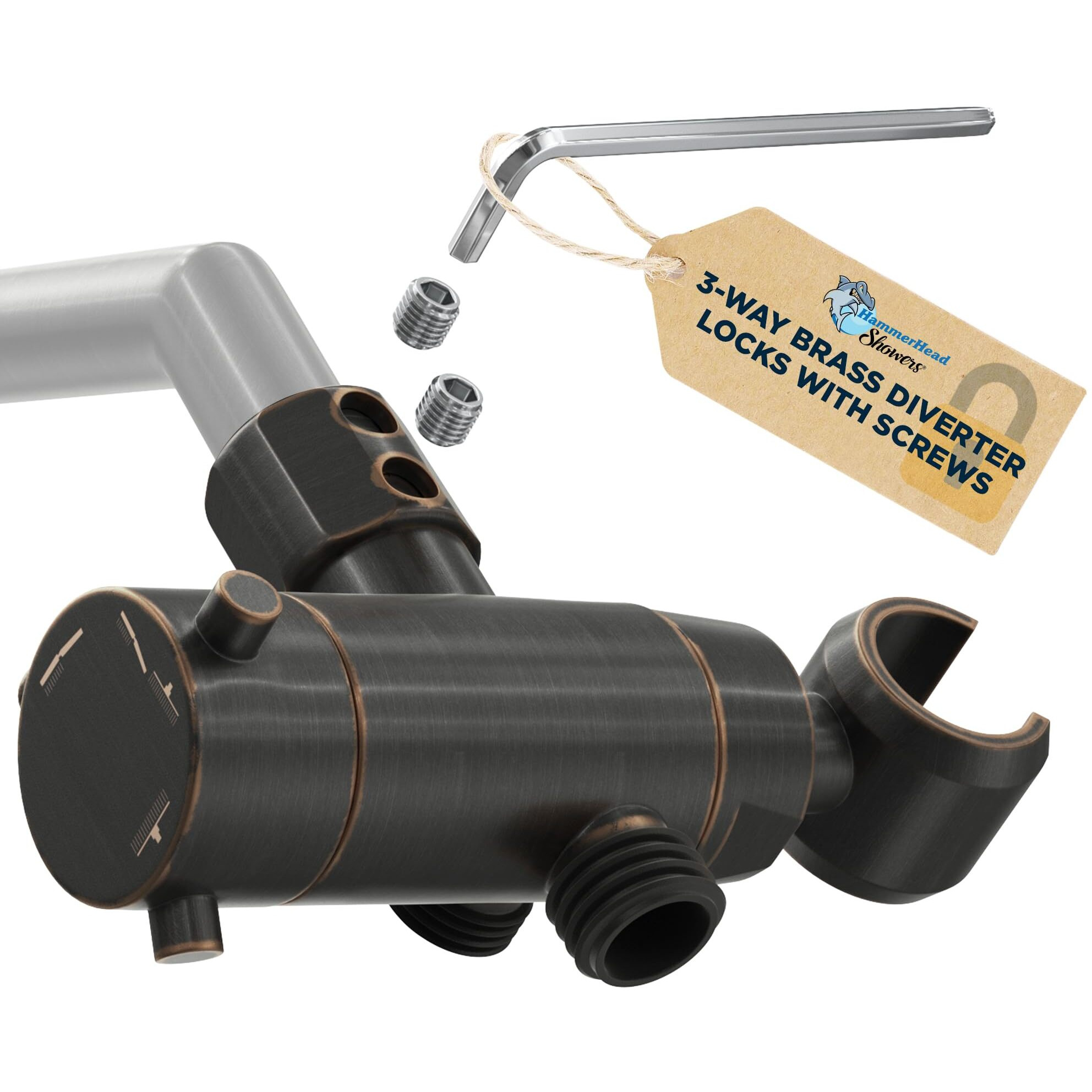 Hammerhead Showers All Metal 3-Way Shower Diverter Valve With Shower Head Holder, Universal Splitter For Handheld Spray Wand And Rain Showerhead, Oil Rubbed Bronze