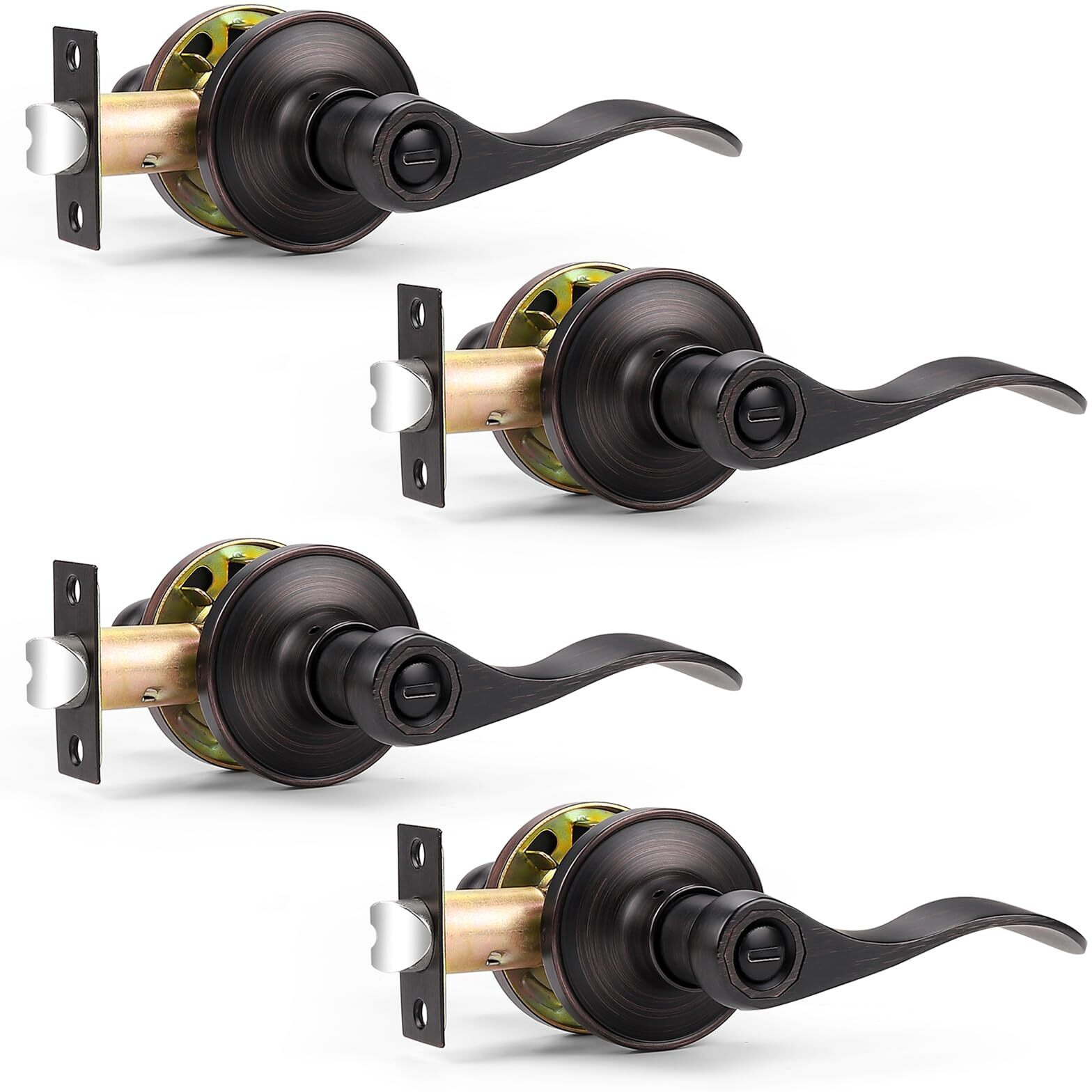 Probrico Wave Style Privacy Door Handles Interior Oil Rubbed Bronze Door Lever Lock Keyless Door Lockset For Bedroom And Bathroom Reversible Door Handle Knob For Left And Right Handed Doors, 4 Pack