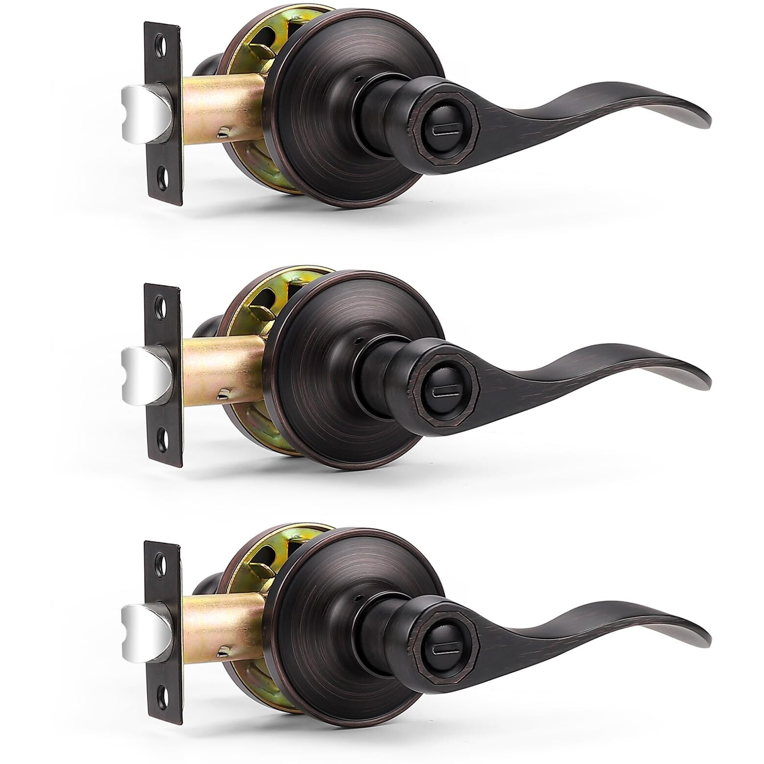 Probrico Wave Style Privacy Door Handles Interior Oil Rubbed Bronze Door Lever Lock Keyless Door Lockset For Bedroom And Bathroom Reversible Door Handle Knob For Left And Right Handed Doors, 3 Pack