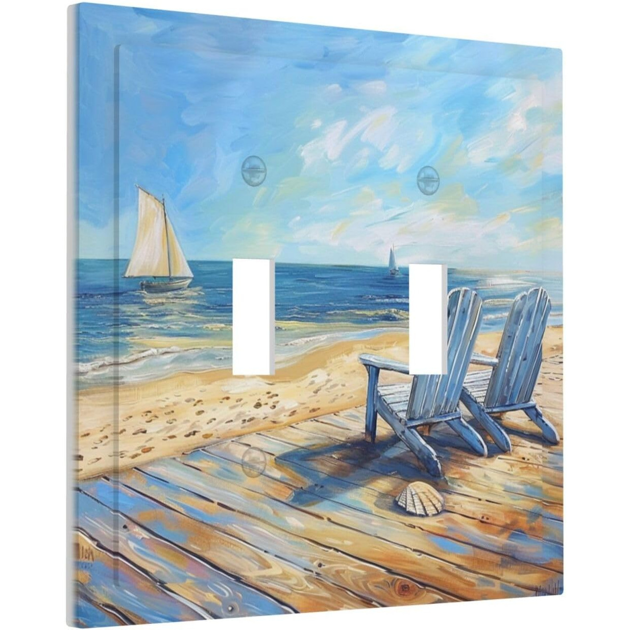 Xuejiaku Decorative Light Switch Cover Sea Beach Chair Oil Painting Ocean Sailboat 2 Gang Wall Plates Double Toggle Switch Plate Decora Electrical Outlet Cover Faceplates For Bathroom Home Decor