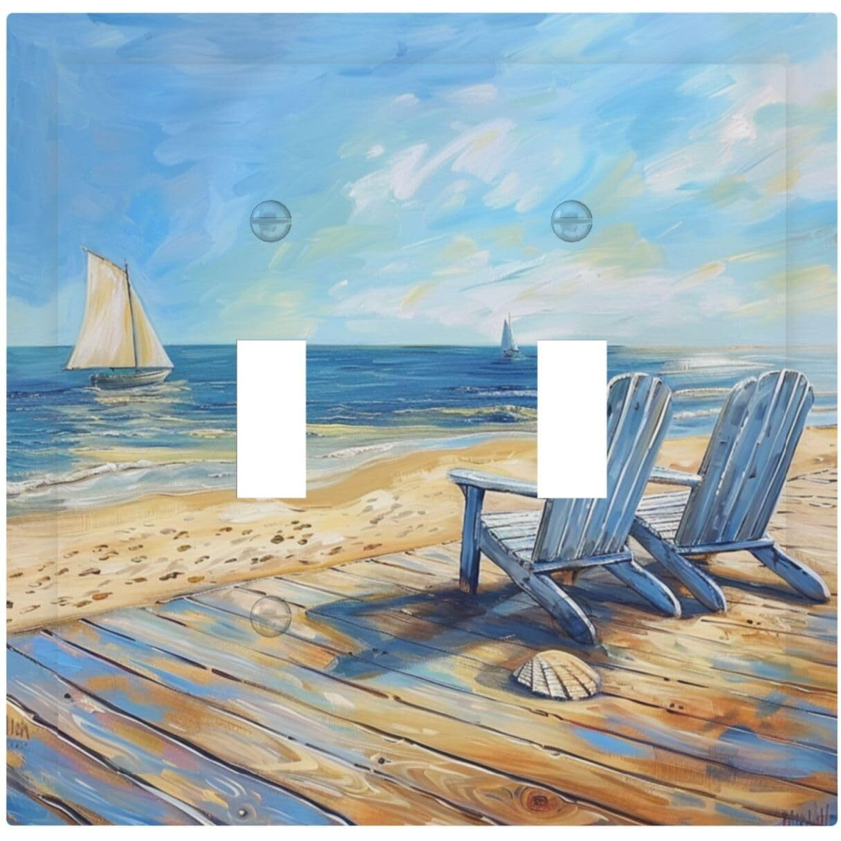 Xuejiaku Decorative Light Switch Cover Sea Beach Chair Oil Painting Ocean Sailboat 2 Gang Wall Plates Double Toggle Switch Plate Decora Electrical Outlet Cover Faceplates For Bathroom Home Decor