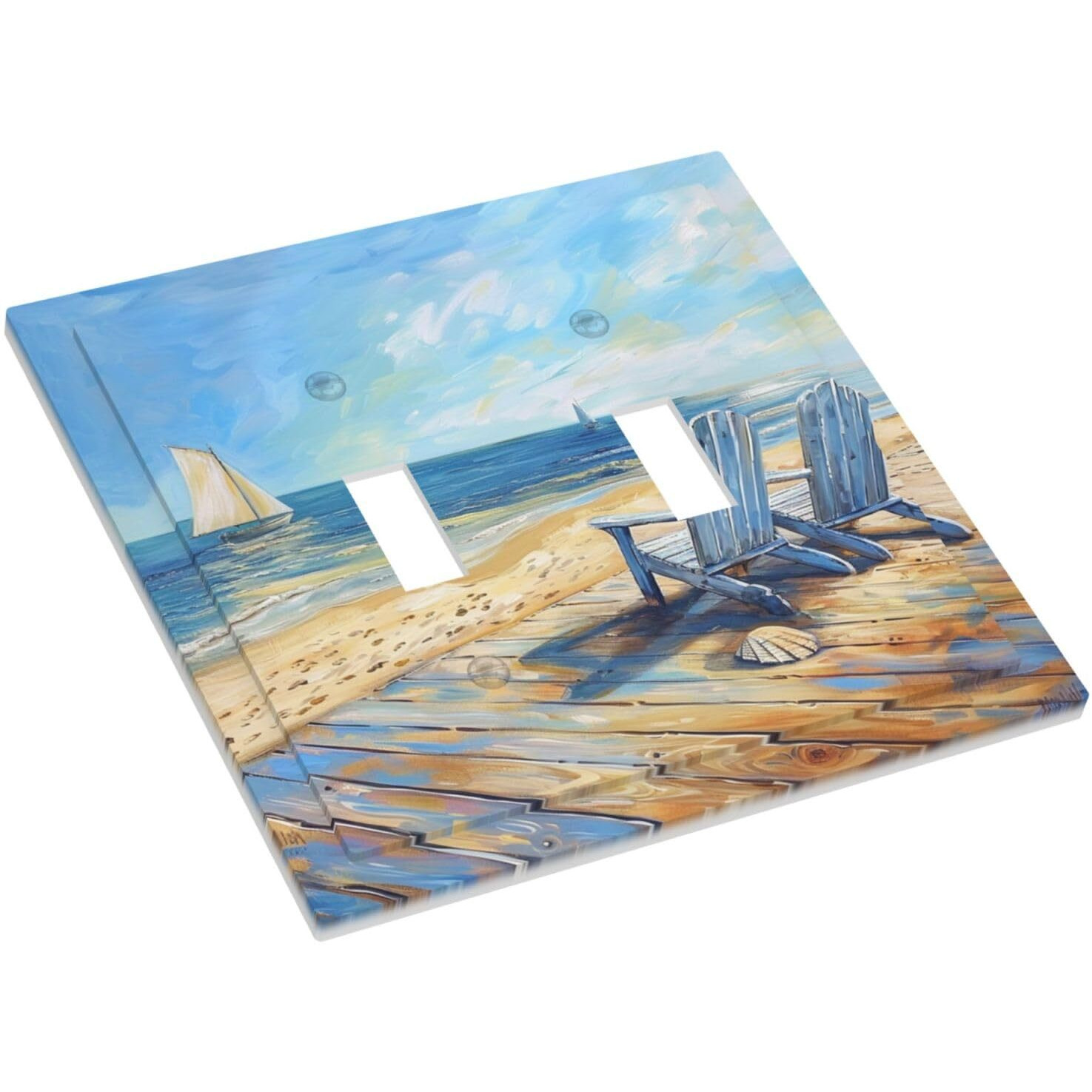 Xuejiaku Decorative Light Switch Cover Sea Beach Chair Oil Painting Ocean Sailboat 2 Gang Wall Plates Double Toggle Switch Plate Decora Electrical Outlet Cover Faceplates For Bathroom Home Decor