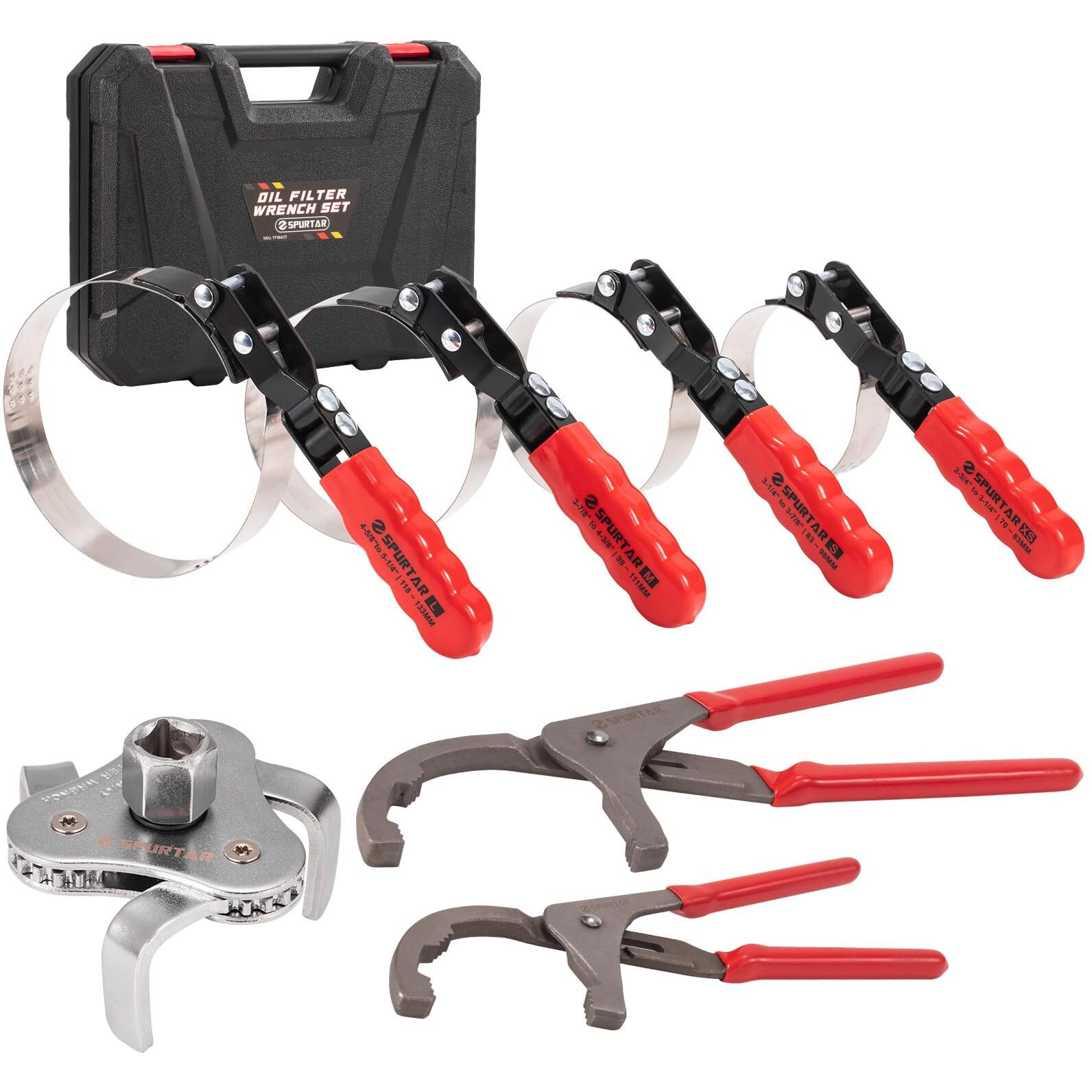 Spurtar Swivel Oil Filter Wrench Set Of 7, Adjustable Wrench 2-3/4"" To 5-1/4"" (70-133Mm), 9"" & 12"" Universal Oil Filter Pliers, 3-Jaw Oil Filter Removal Tool For 4S Shop Auto Repair Mechanic Diy