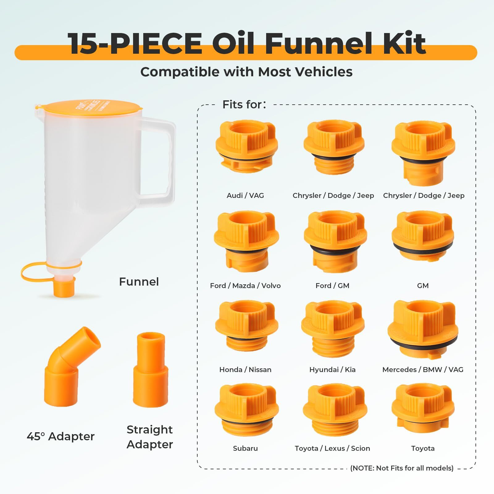 Four Uncles 15-Piece No-Spill Engine Oil Funnel Kit For Automotive Use - 1.5 Qt Funnel With 14 Adapters For Easy Filling, One-Hand Operation