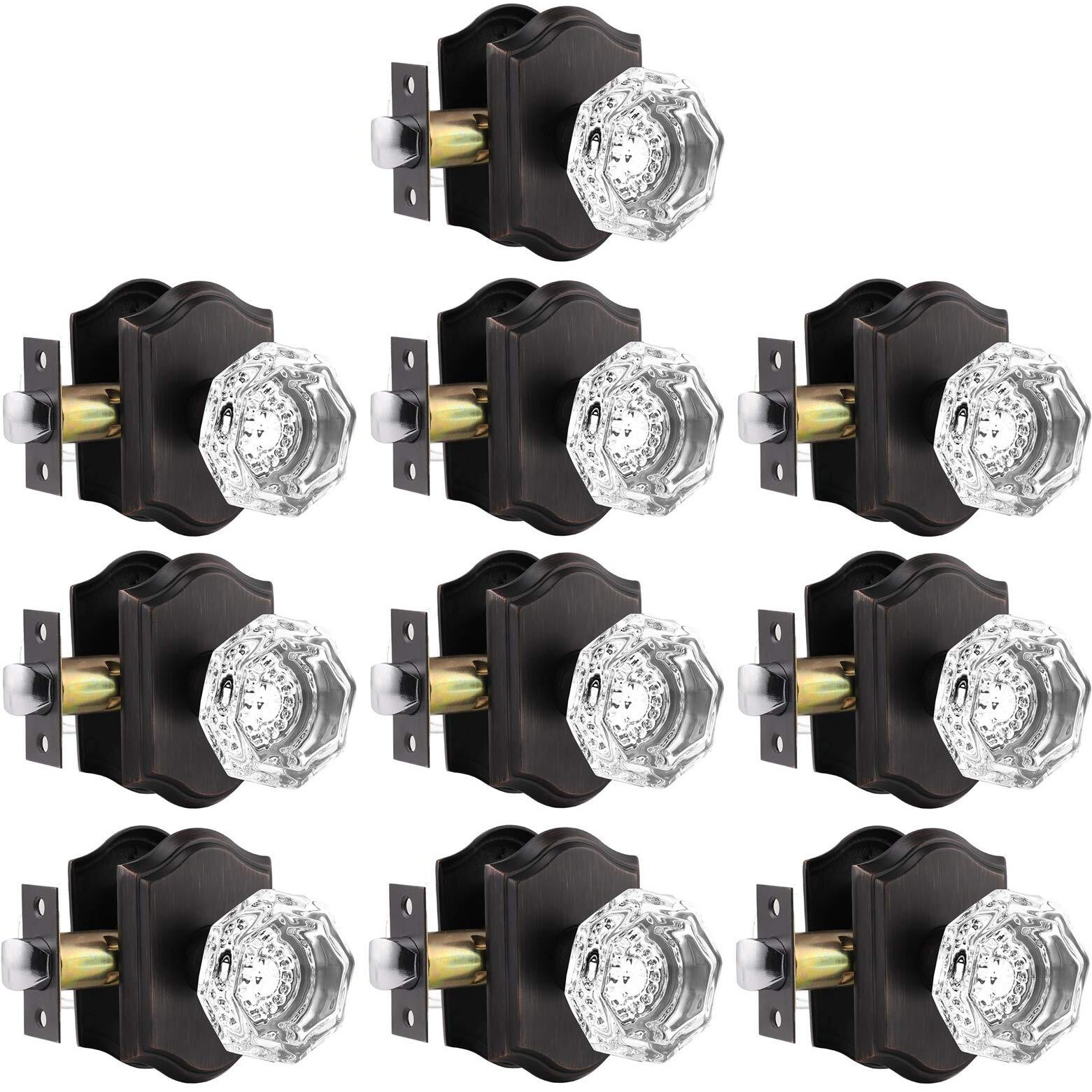 Gobrico Diamond Crystal Glass Passage Door Knobs,Keyless Interior Door Locks For Hallway Closet Pantry,Non-Locking Door Handle Sets In Oil Rubbed Bronze,10 Contractor Pack