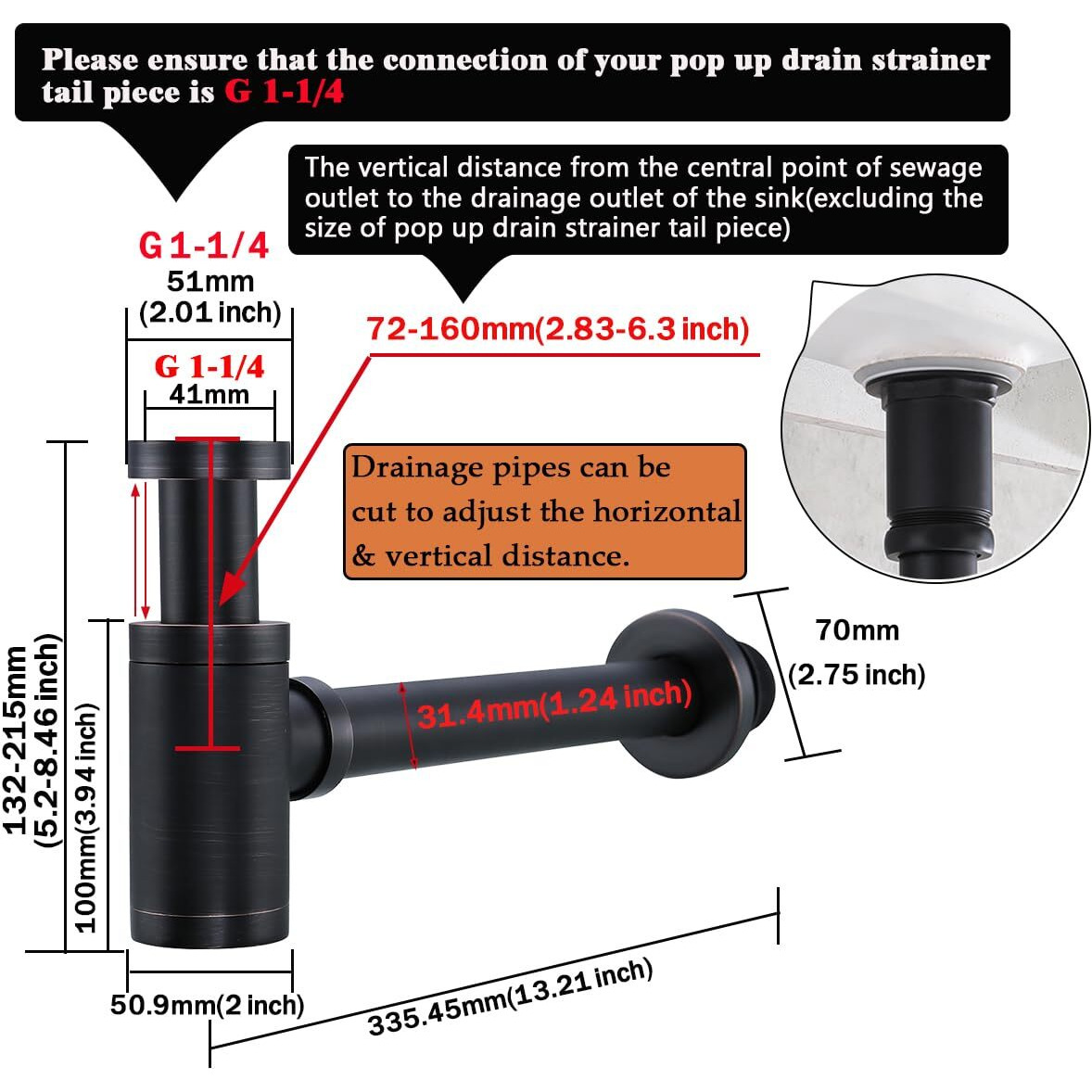 Random Brass Contemporary Round Bottle P Trap 1 1/4,Basin Sink Waste Drain P Trap Kit (Oil Rubbed Bronze)