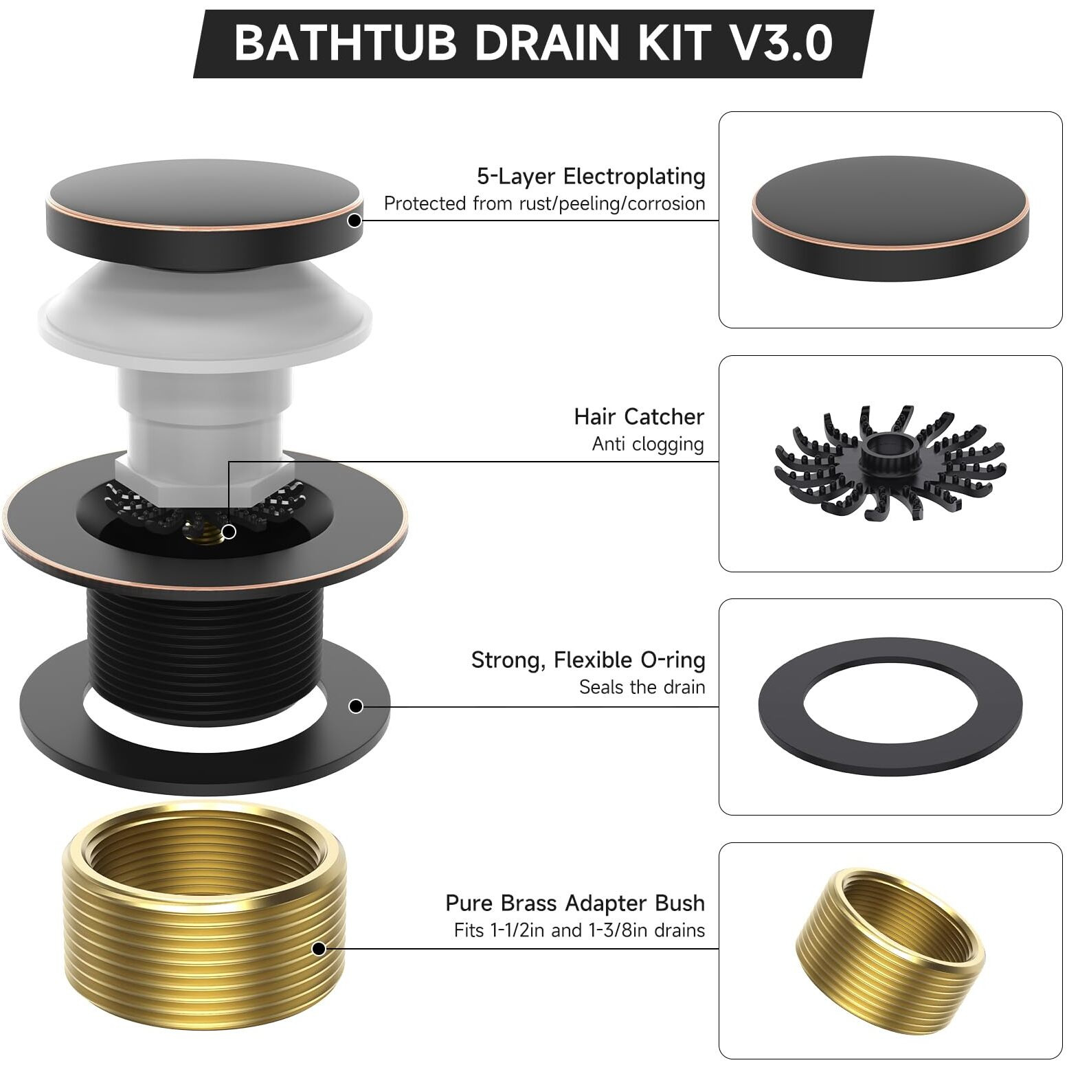 Homeslea Tub Drain Kit, Tip-Toe Bathtub Drains And Overflow Kit, Bathroom Bath Tub Drain Replacement Kit, Brass Metal Tub Drain Cover, Tub Trim Set And Universal Fine/Coarse Thread-Oil Rubbed Bronze