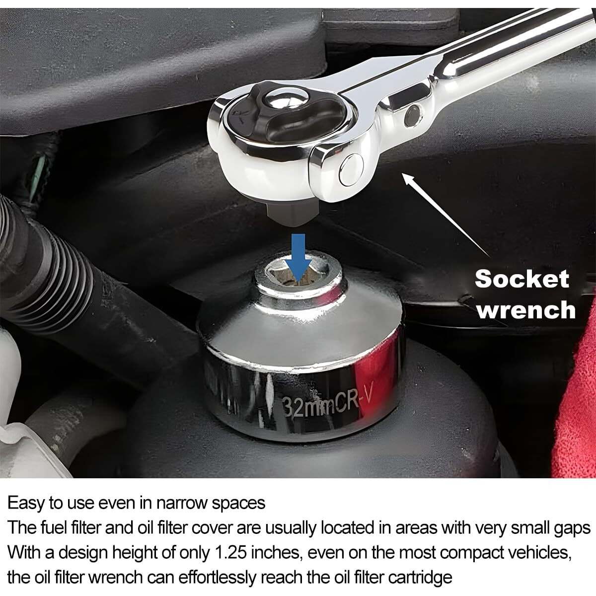 Hzel Car Oil Filter Socket, 32Mm 6-Point Vehicle Fuel Pan Wrench Removal Tool, 3/8 Inch Heavy Duty Steel Automotive Drive Oilfilter Cap Accessories Compatible With Lacrosse Captiva Cobalt