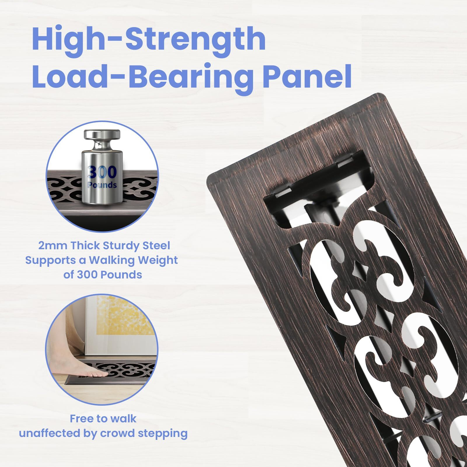 Howeall 2X12 Inches 2 Pack Heavy Duty Walkable Floor Register Easy Adjust Air Supply Lever Floor Vents - Charlotte Design - Vent Cover For Home Floor - Oil Rubbed Bronze