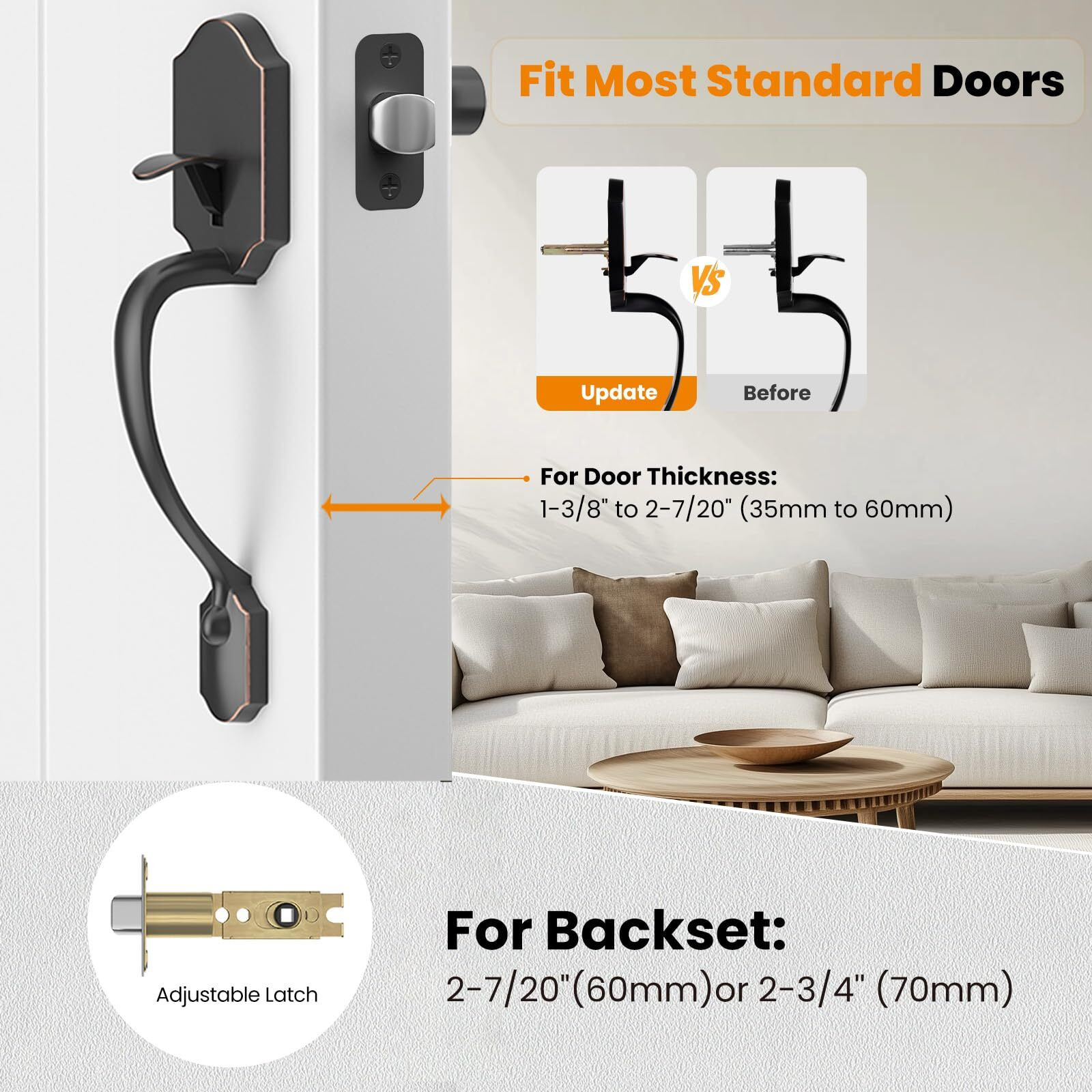 Hosom Front Door Handle Set No Lock Exterior Door Handle With Reversible Lever, Entry Door Handleset For Right & Left-Handed Doors, Oil Rubbed Bronze