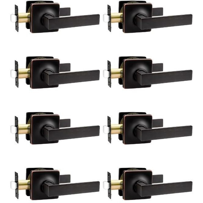 Mengico 8 Pack Interior Passage Door Lever,Oil Rubbed Bronze Left Or Right Handing For Closet And Hallway Doors,Square Heavy Duty Door Handle Set