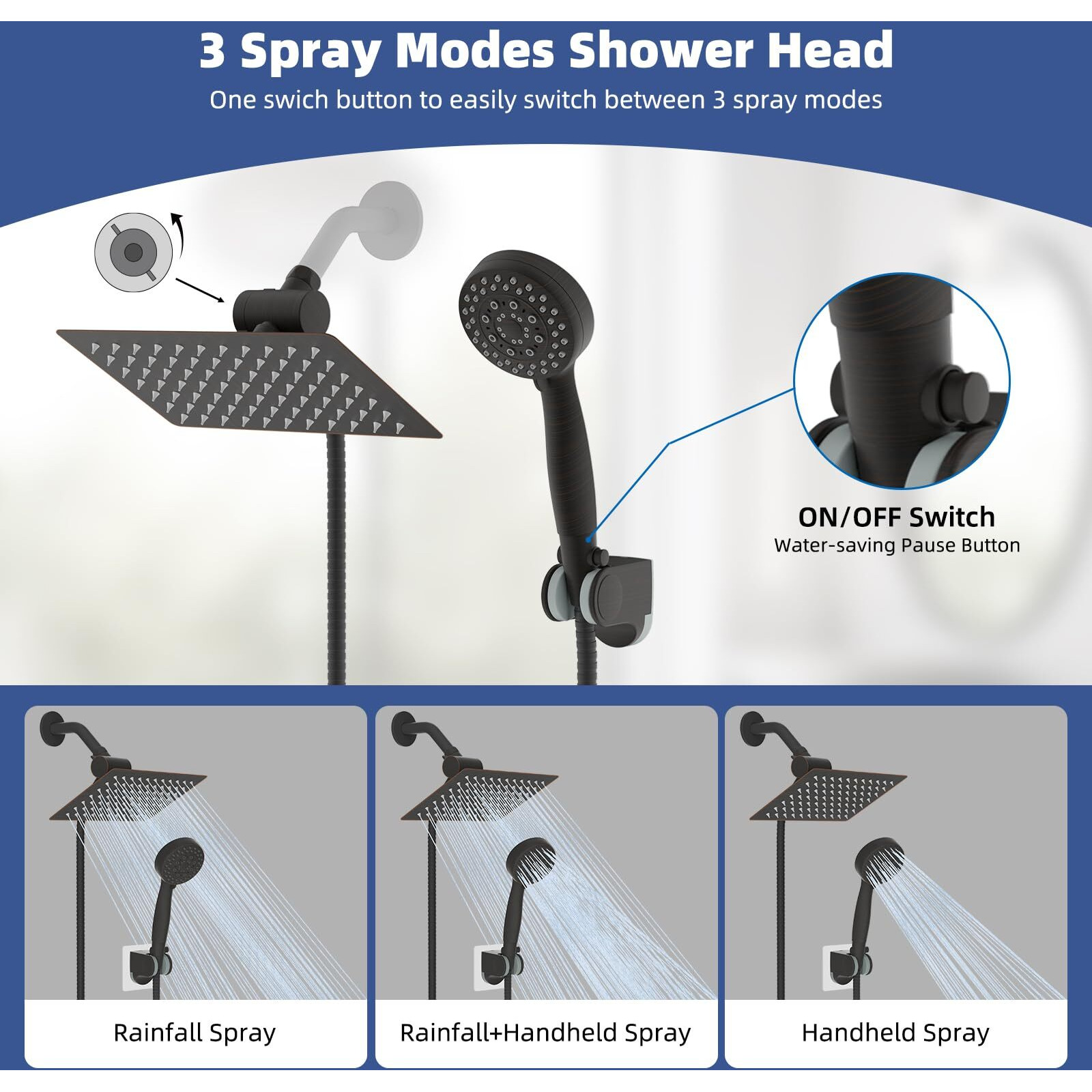 Ifealclear 10 Inch Metal Shower Head With Handheld Spray Combo- Rain Shower Head With 6 Modes Handheld- Flow Control/Pause Switch For Easy Operation-Anti-Clog Nozzles- Oil Rubbed Bronze