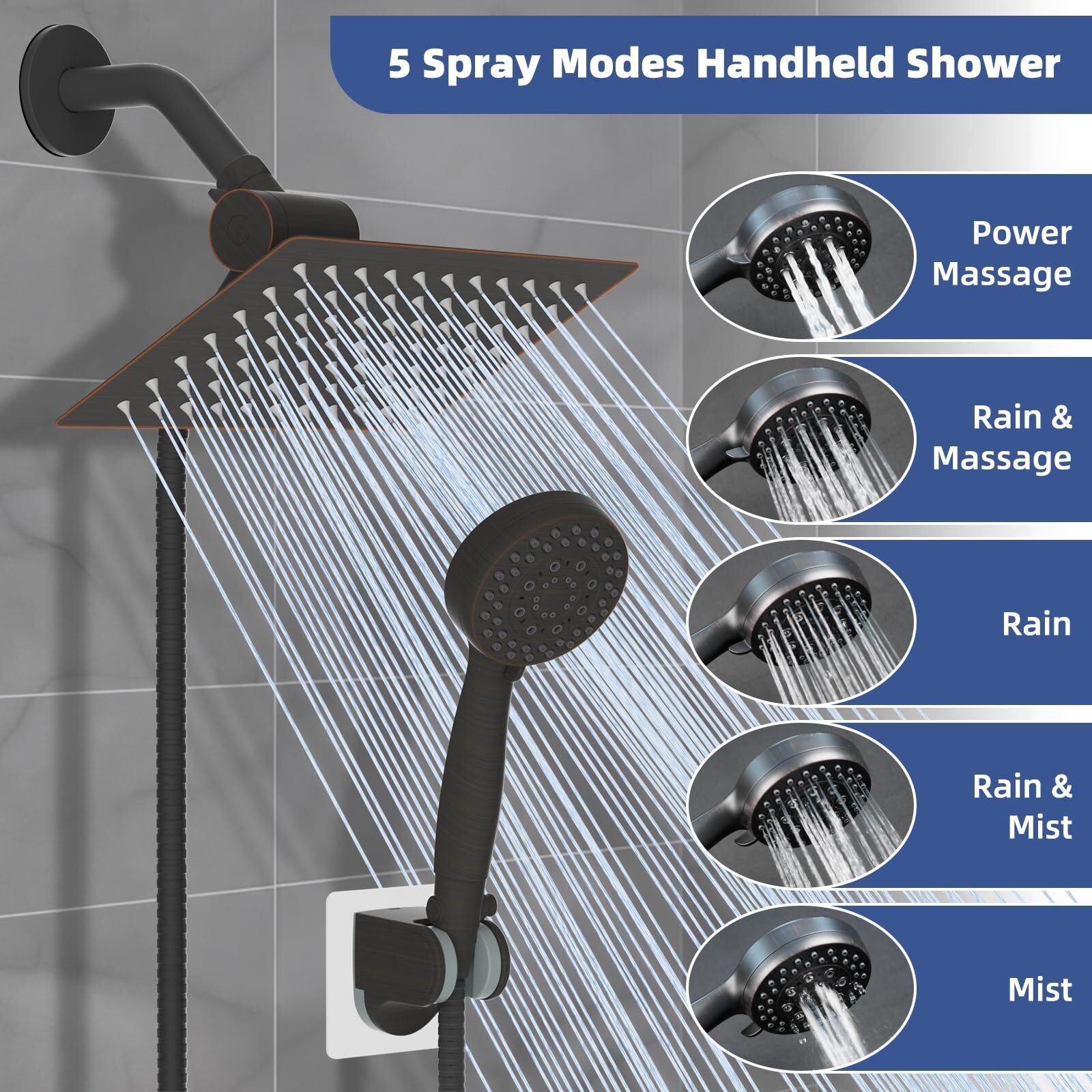 Ifealclear 10 Inch Metal Shower Head With Handheld Spray Combo- Rain Shower Head With 6 Modes Handheld- Flow Control/Pause Switch For Easy Operation-Anti-Clog Nozzles- Oil Rubbed Bronze