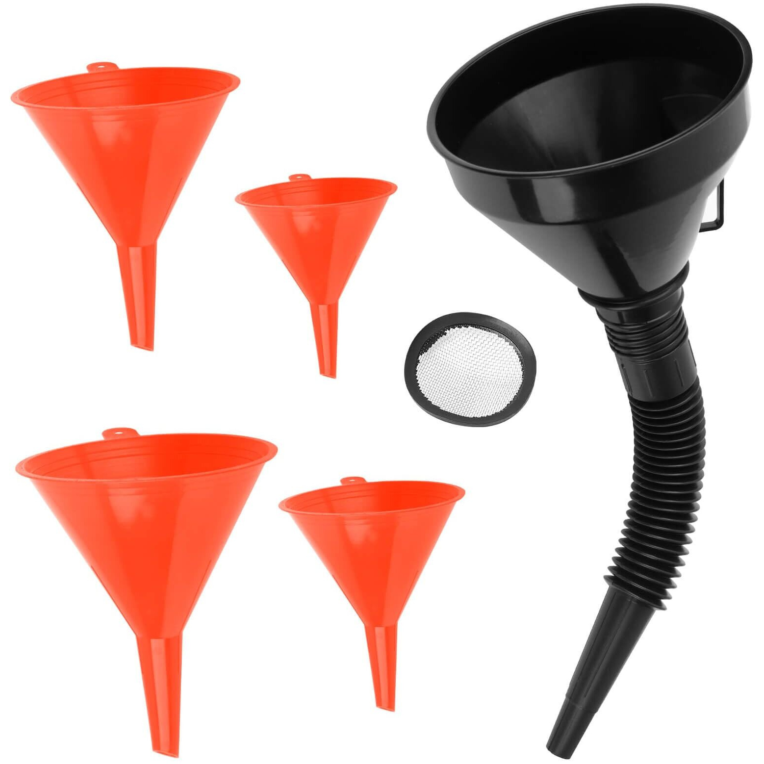 5 Pcs Automotive Funnels Set, Plastic Long Neck Oil Funnel, Wide Mouth Fuel Funnels With Detachable Spout And Filter For Filling Coolant, Engine Oil, Gasoline, Water