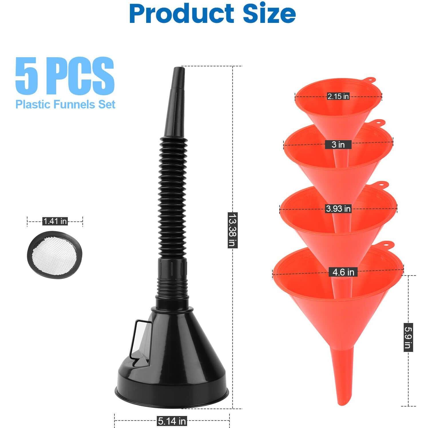 5 Pcs Automotive Funnels Set, Plastic Long Neck Oil Funnel, Wide Mouth Fuel Funnels With Detachable Spout And Filter For Filling Coolant, Engine Oil, Gasoline, Water