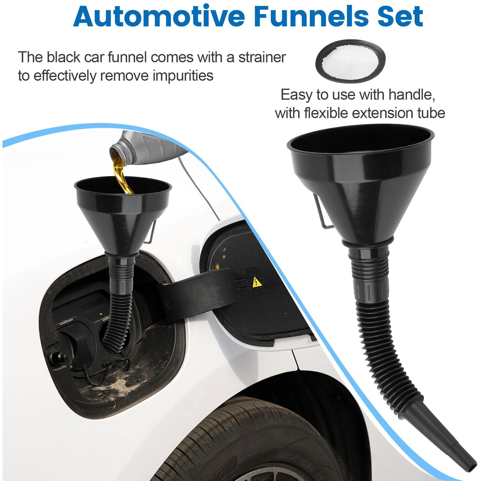 5 Pcs Automotive Funnels Set, Plastic Long Neck Oil Funnel, Wide Mouth Fuel Funnels With Detachable Spout And Filter For Filling Coolant, Engine Oil, Gasoline, Water