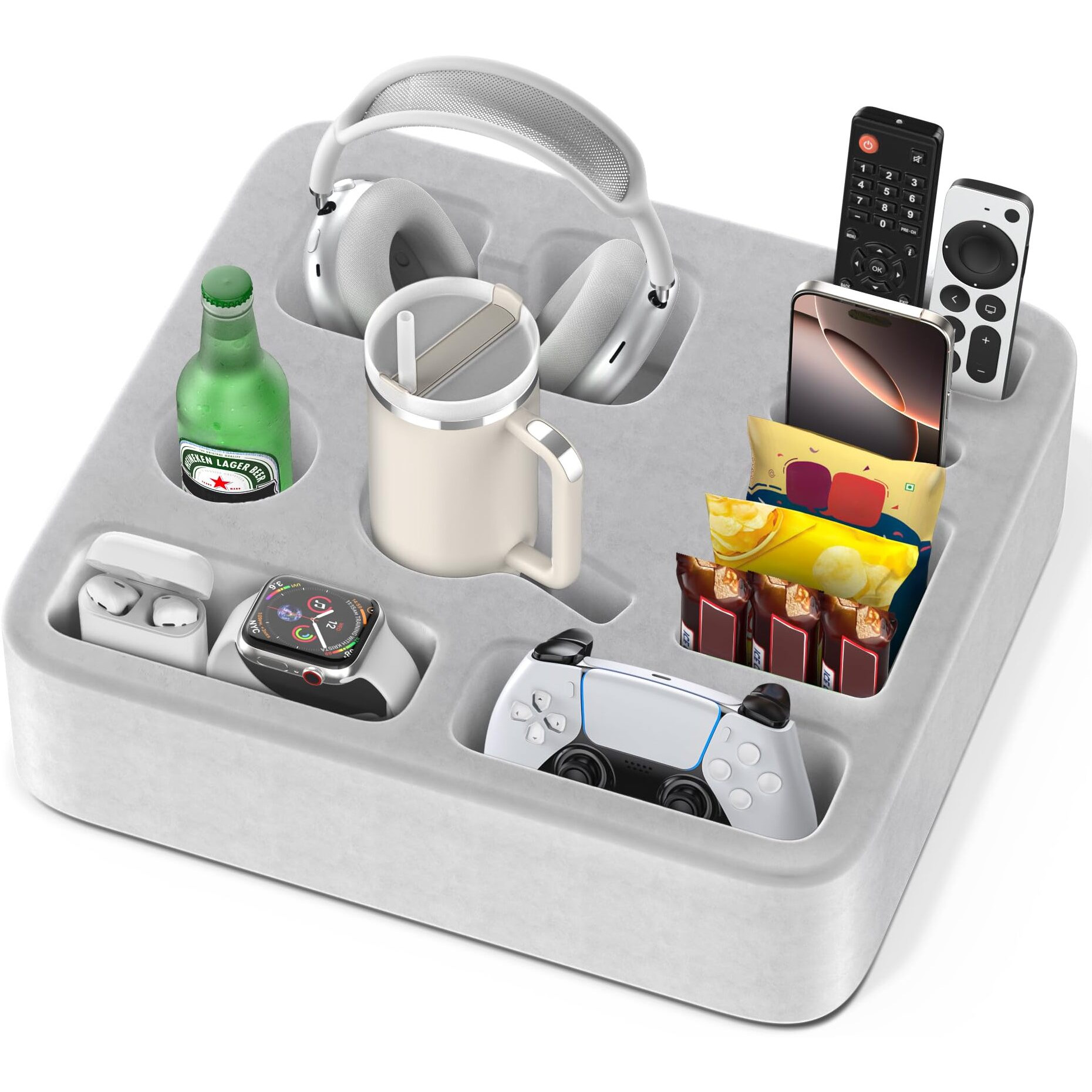 Couch Cup Holder With 8 Slots, Bed Caddy For Drink/Snack/Headset/Remote/Phone, Stable Bed Drink Holder With Soft Fabric Cover, Organizer Pillow For Sofa, Bed, Rv, Car (Gray)