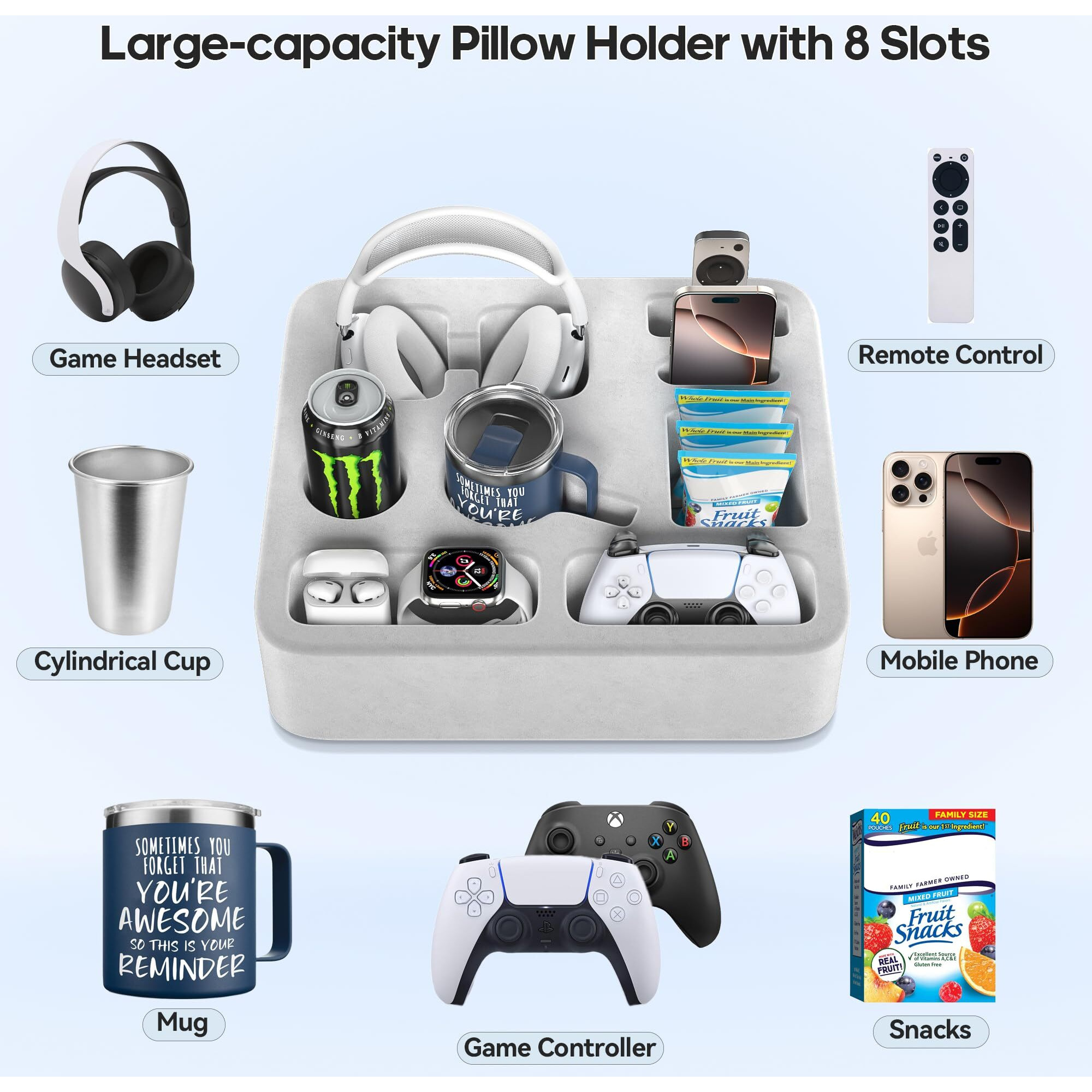 Couch Cup Holder With 8 Slots, Bed Caddy For Drink/Snack/Headset/Remote/Phone, Stable Bed Drink Holder With Soft Fabric Cover, Organizer Pillow For Sofa, Bed, Rv, Car (Gray)