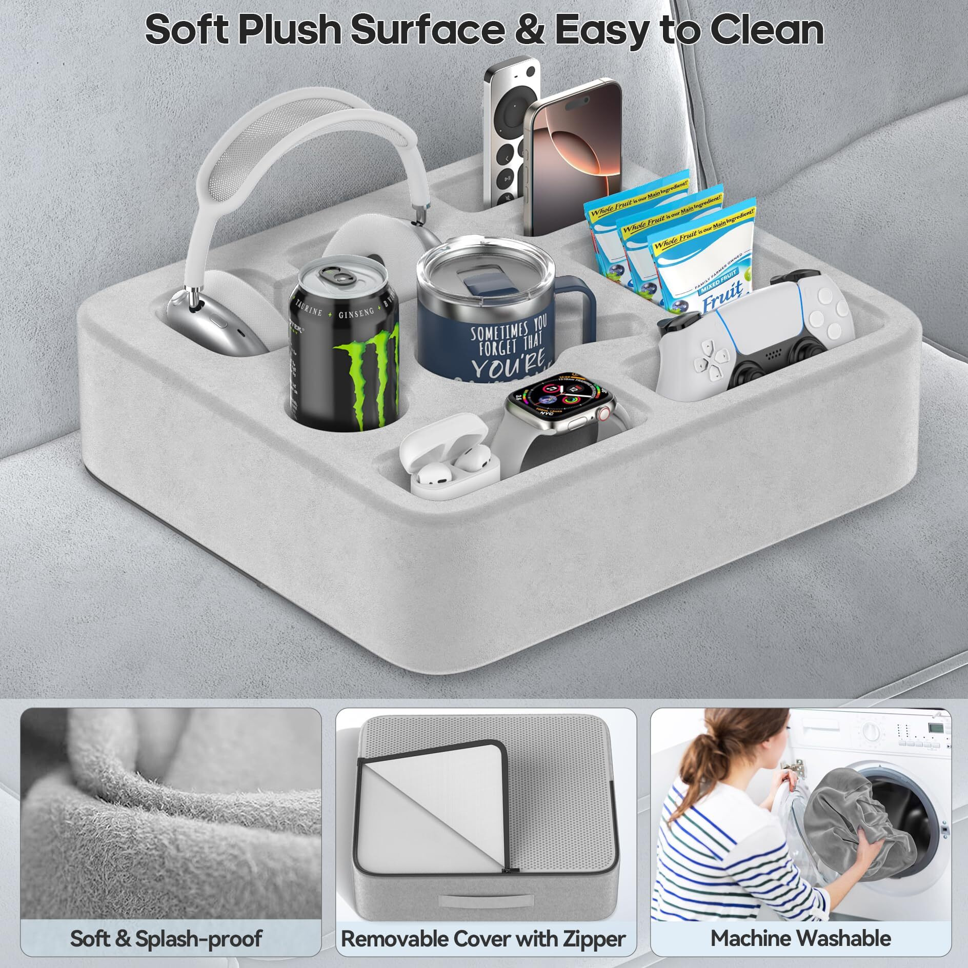 Couch Cup Holder With 8 Slots, Bed Caddy For Drink/Snack/Headset/Remote/Phone, Stable Bed Drink Holder With Soft Fabric Cover, Organizer Pillow For Sofa, Bed, Rv, Car (Gray)